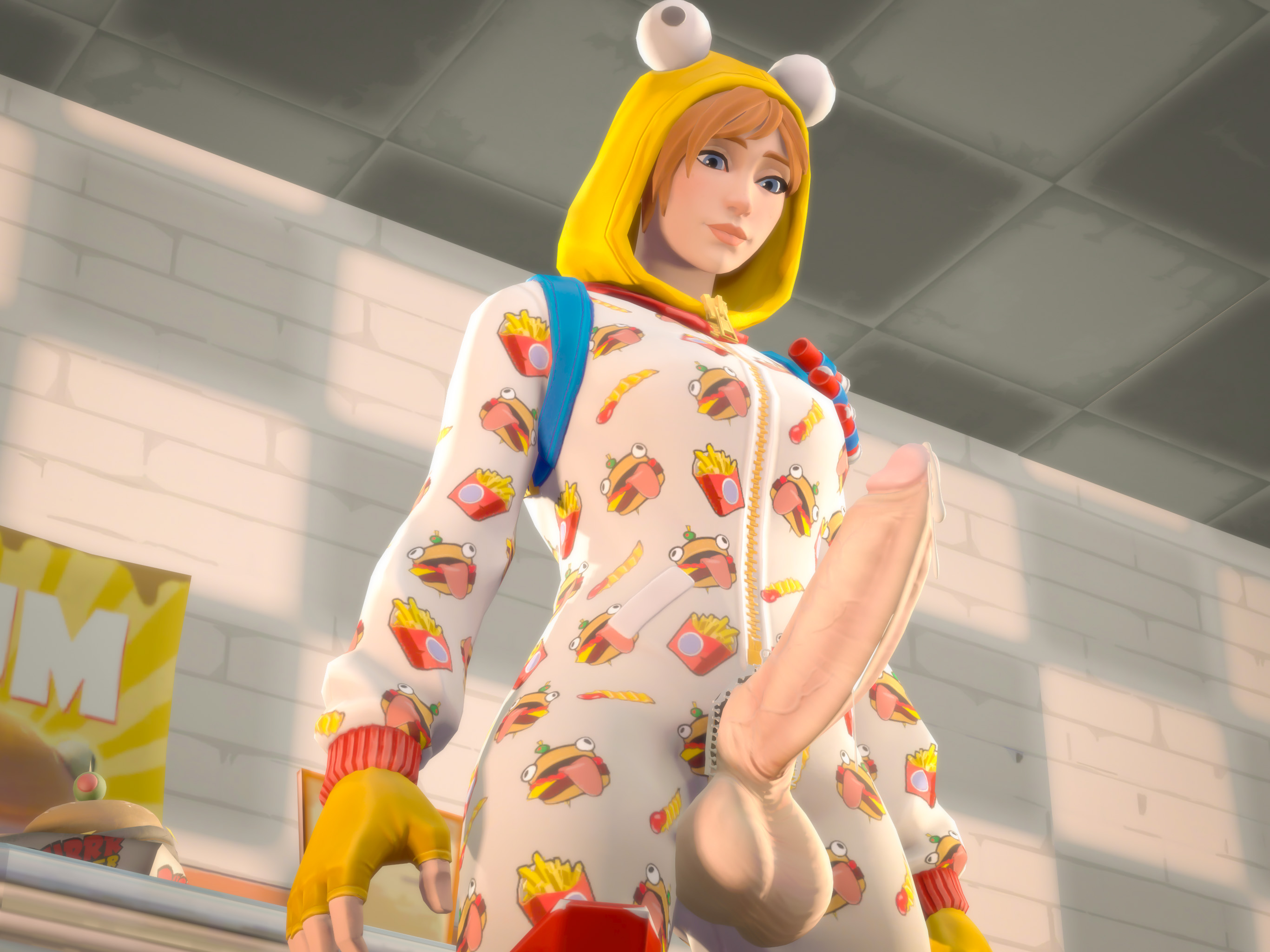 1futa, 3d, balls, big balls, big penis, blue eyes, brown hair, cum dripping, fortnite, futa only, futanari, intersex, n3xivm, onesie, onesie (fortnite), penis, precum, tagme