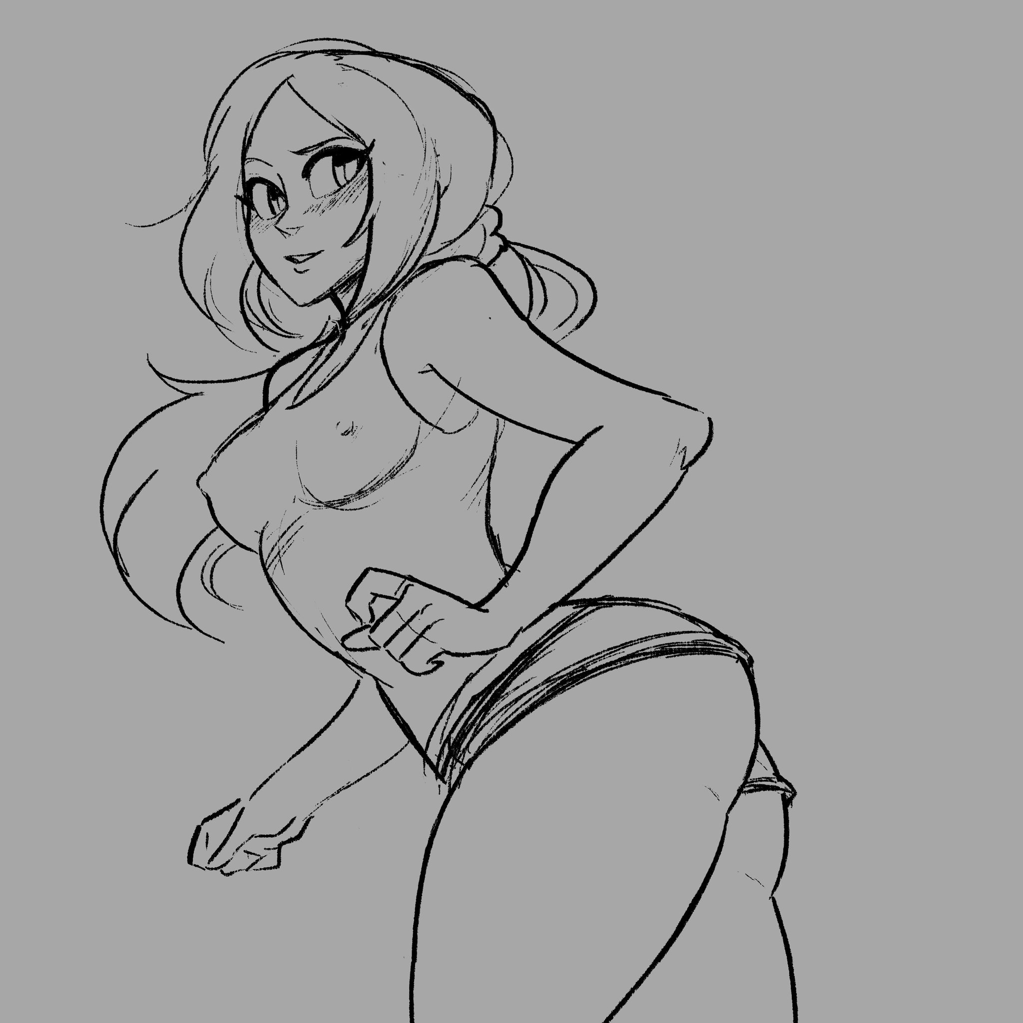 ass, big ass, black and white, blush, booty shorts, breasts, erect nipples, erect nipples under clothes, female, female focus, female only, gravity rush, kat (gravity rush), long hair, looking at viewer, medium breasts, nipple bulge, nipples, open smile, scruffyturtles, short shorts, sketch, skimpy, smile, solo, solo female, solo focus, tank top, thick, thick ass, thick thighs, thighs, tied hair