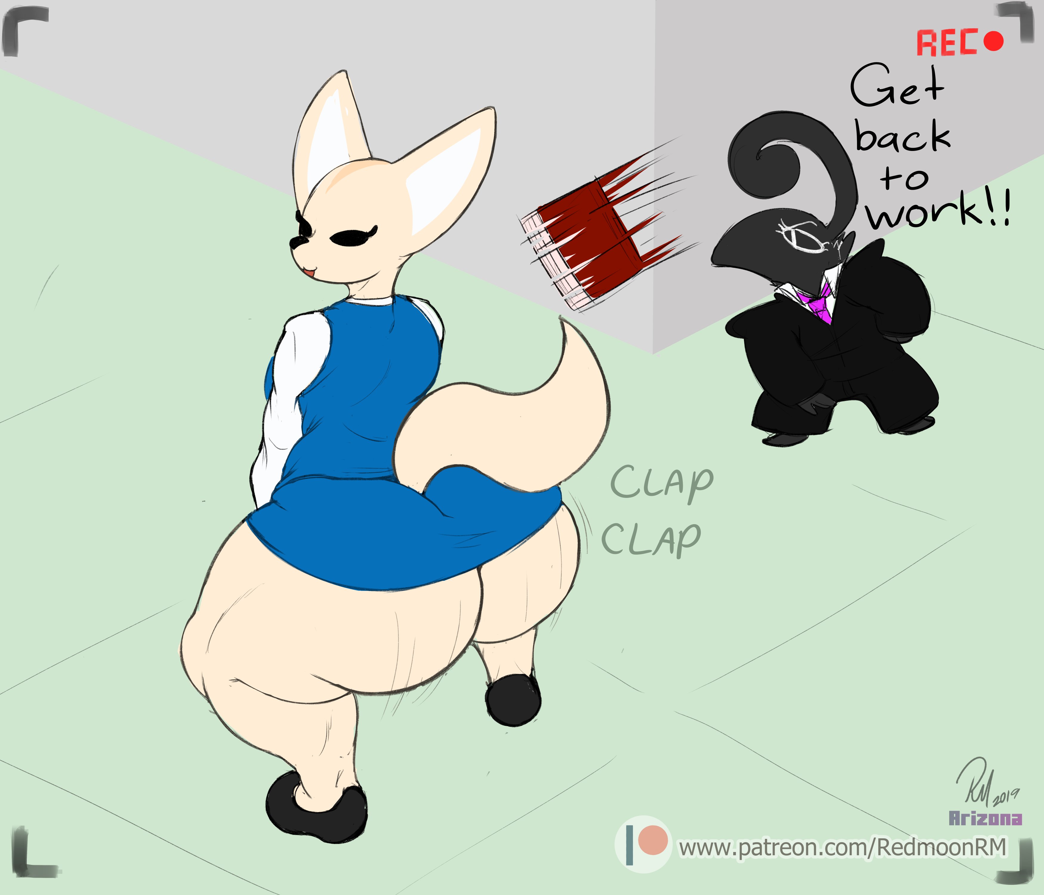 1girls, aggressive retsuko, anthro, ass, big ass, black eyes, camera, canine, clothed, female, fennec, fenneko, furry, hail (7th-r), huge ass, large ass, looking back, motion lines, obese female, office lady, patreon, recording, redmoon83, sanrio, shoes, smaller female, smile, smooth skin, source request, squatting, standing, tail, text, thick thighs, thigh gap, twerking, url, watermark, wide hips, yellow fur