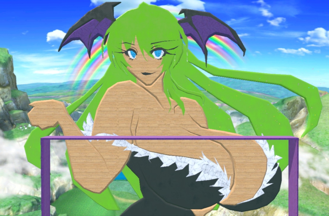 1girls, bat wings, big breasts, blue eyes, breasts, custom stage, darkstalkers, demon, demon girl, female, gigantic breasts, green hair, head wings, huge breasts, large breasts, morrigan aensland, nile, solo, solo female, stage builder, succubus, super smash bros., super smash bros. ultimate