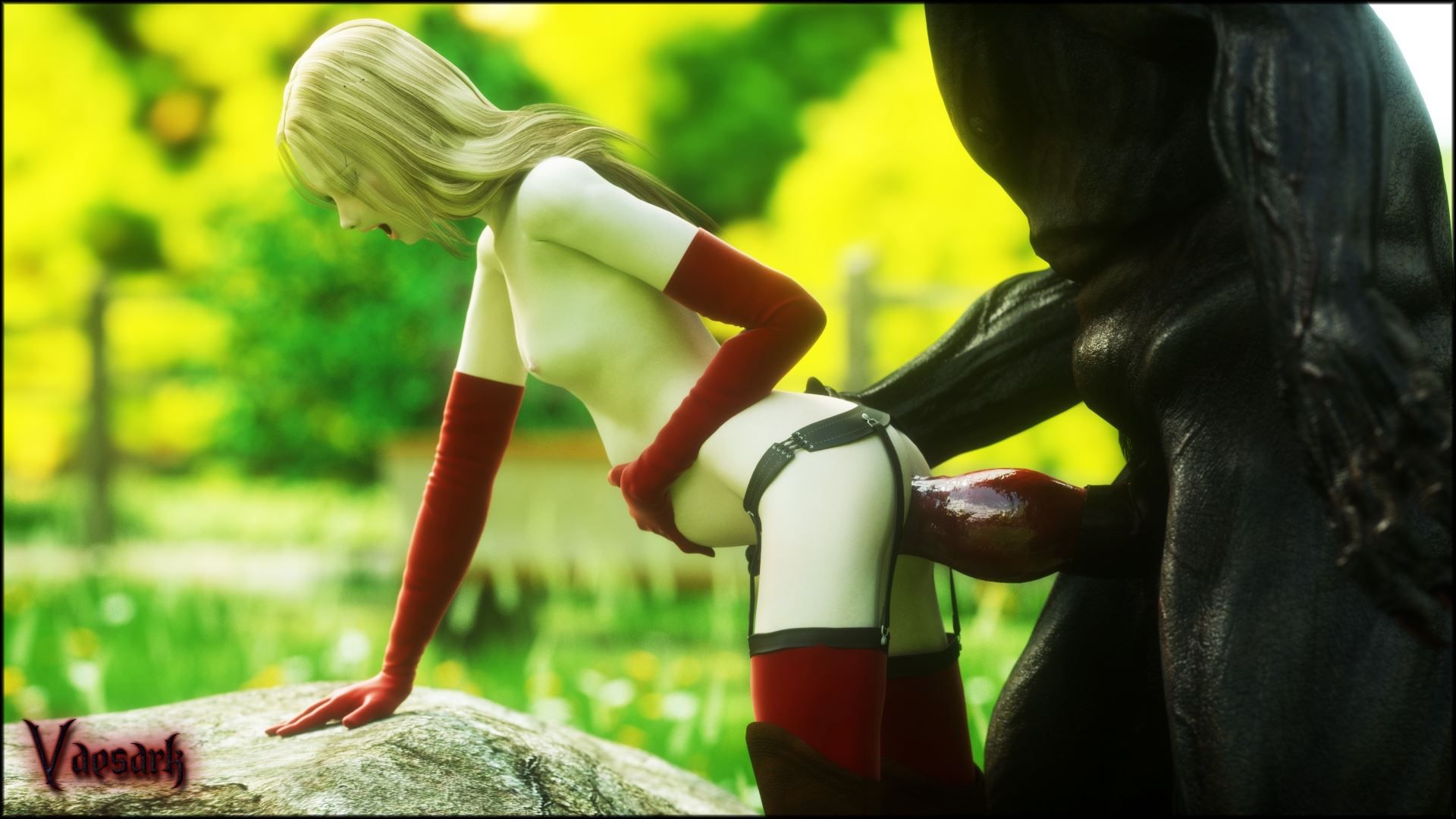 1boy, 1girls, 3d, all fours, ambiguous penetration, animal genitalia, anthro, anthro on female, anthro on human, anthro penetrating, arched back, bent over, big bad wolf, blonde hair, blue eyes, breasts, cgs44 (vaesark), closed eyes, detailed background, doggy style, female, female focus, female on anthro, from behind, from behind position, functionally nude, garter belt, garter straps, hand on own stomach, hand on stomach, huge cock, human, human on anthro, human penetrated, insertion, knot, larger male, little red riding hood, long gloves, long hair, male, moaning, monster, outdoors, penis, red armwear, red gloves, red legwear, red thigh highs, red thighhighs, size difference, small breasts, smaller female, standing doggy style, standing sex, stomach bulge, thighhigh boots, thighhighs, thighhighs under boots, vaesark, werewolf