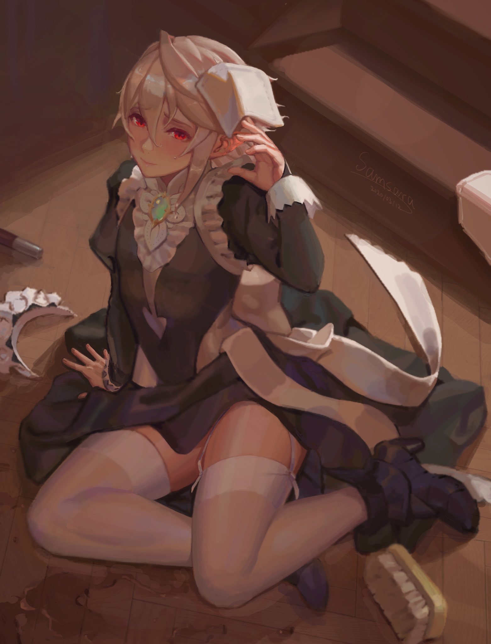 1boy, blush, corrin (fire emblem), corrin (fire emblem) (male), crossdressing, cute male, femboy, fire emblem, fire emblem fates, girly, high heels, maid, maid uniform, male, male only, nintendo, red eyes, samsara, samsara (shuukeura), silver hair, solo, thick thighs, thighhighs, trap