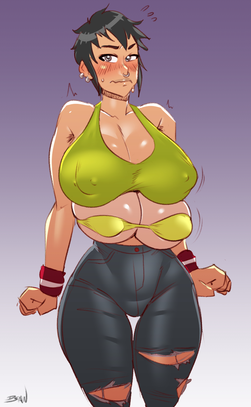 1girls, 4 breasts, areolae, armpit hair, bangs, blush, bra, breasts, cleavage, clenched fists, curvy, dsan, earrings, embarrassed, erect nipples, female, female only, hairy armpits, heavy blush, hips, huge breasts, looking at viewer, multi breast, nipple bulge, nipples, nose ring, piercings, puffy areola, short hair, skimpy clothes, solo, torn clothes, wide hips