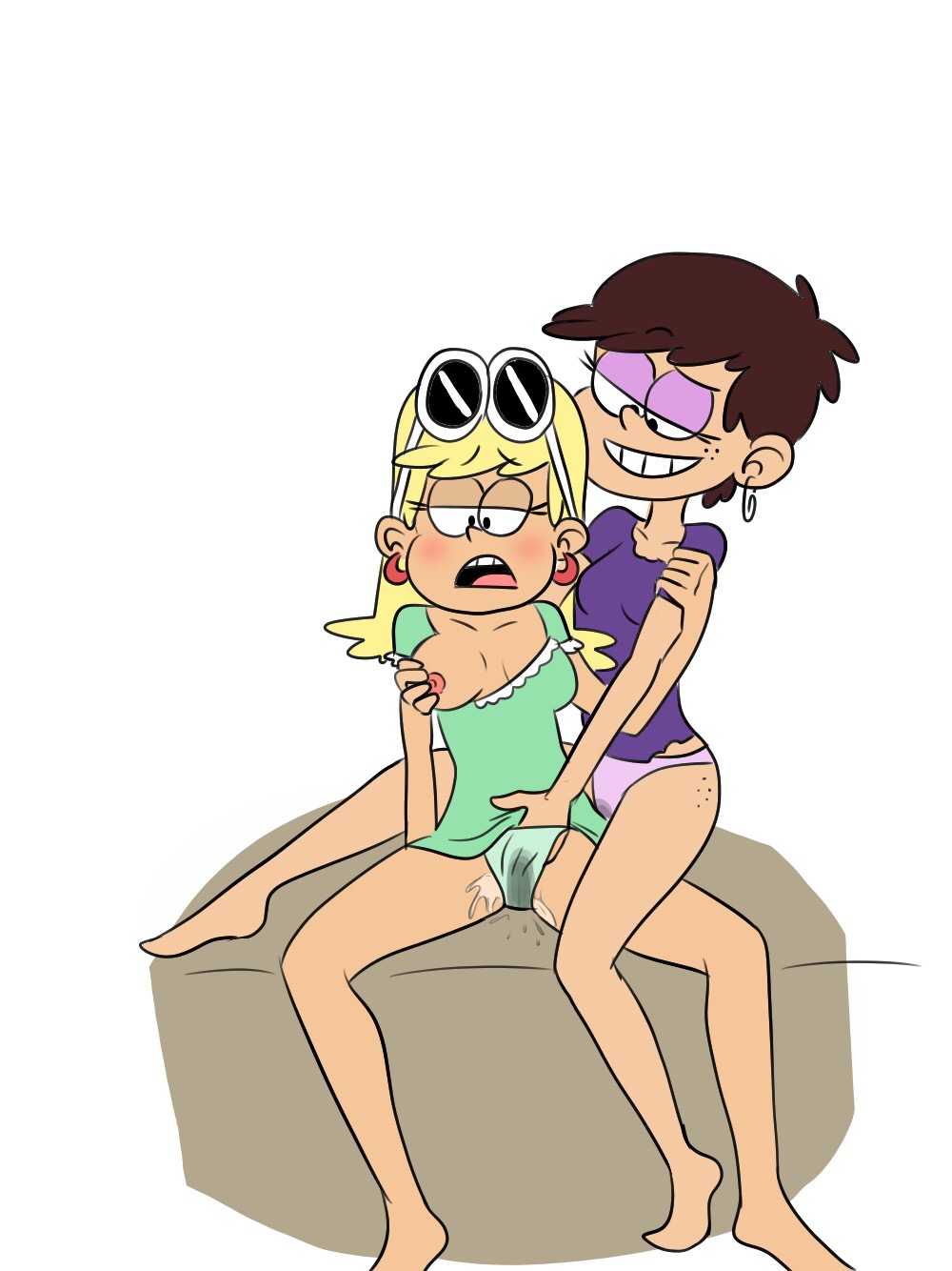 2girls, blonde hair, breasts, breasts out, brown hair, female, female only, hand in another's panties, hand in panties, incest, leni loud, luna loud, multiple females, multiple girls, nipples, panties, pussy, pussy juice, shirt, siblings, sisters, straight hair, the loud house, wet pussy, yuri