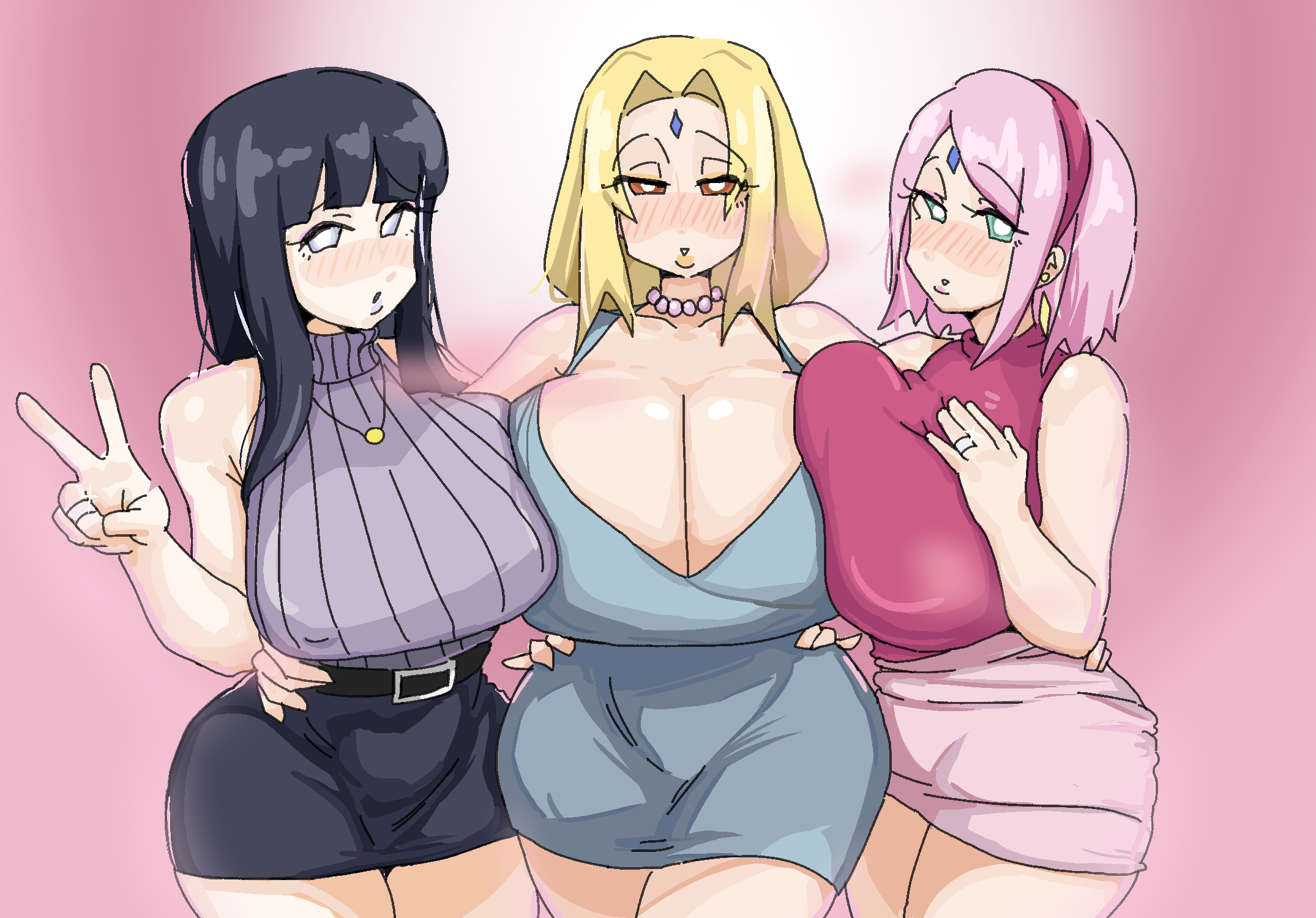 3girls, big breasts, blonde hair, blush, breasts, clothed female, doodle, eye contact, female, female only, huge breasts, hyuuga hinata, hyuuga hinata (naruto: the last), lee bong chun, long hair, looking at viewer, naruto, naruto (series), naruto: the last, necklace, peace sign, pink hair, sakura haruno, short hair, standing, thick thighs, thighs, tsunade, wide hips