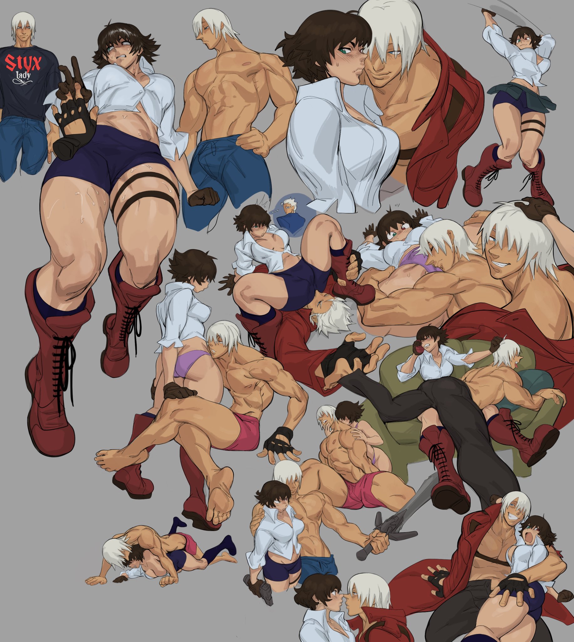 1boy1girl, 1girls, 2d, black hair, dante (devil may cry), devil may cry, devil may cry (series), devil may cry 3, female, heterochromia, lady (devil may cry), male, muscular, muscular male, rough sex, uwan 01, white hair