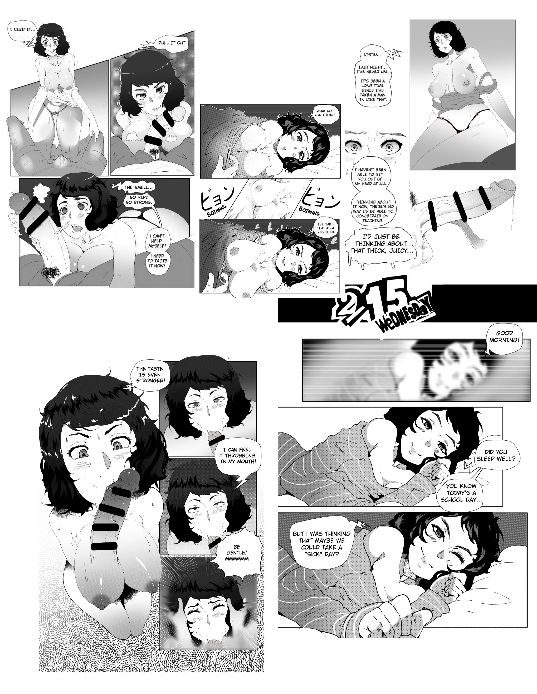 1boy, 1girls, ass, atlus, big breasts, big penis, blowjob, blush, breasts, censored, comic, dirty talk, face fucking, fellatio, female, kneeling, male, megami tensei, monochrome, musk, musk clouds, musky, musky cock, penis, penis awe, persona, persona 5, precum, sadayo kawakami, smell, smelly, smelly cock, smiling, smug, speech bubble, spookiarts, steam, steamy, steamy penis, sweat, sweatdrop, sweating, teacher, teacher and student, text, thick thighs