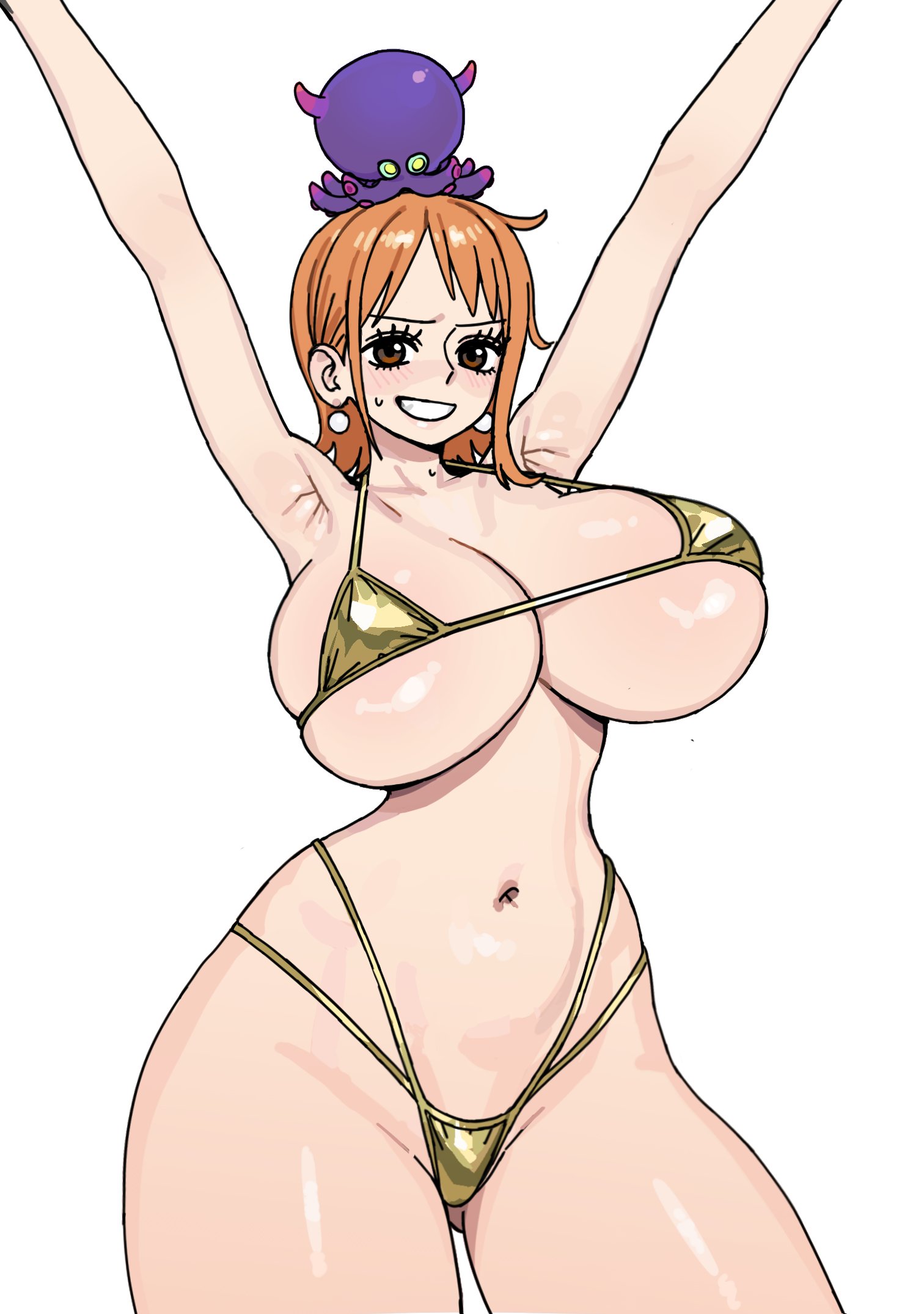 1girls, 2025, armpits, arms up, belly button, big breasts, bikini, blush, breasts, brown eyes, busty, cleavage, clothed, clothed female, clothing, cowboy shot, curvaceous, curvy, earrings, embarrassed, feet out of frame, female, female only, front view, fully clothed, ginger, gold bikini, grin, hair, hi res, hourglass figure, huge breasts, human, large breasts, light skin, light-skinned female, looking at viewer, medium hair, micro bikini, nami (one piece), navel, nervous, nervous smile, nervous sweat, one piece, pose, posing, red hair, simple background, skindentation, smile, smiling, smiling at viewer, solo, standing, stomach, sweat, sweatdrop, swimsuit, teeth, thick thighs, thighs, white background, wide hips, yanolza01