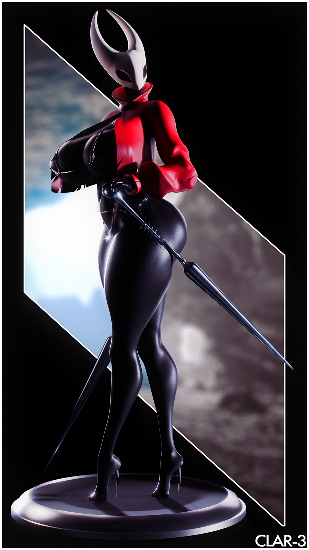 2 horns, 3d (artwork), 9:16, anthro, arthropod, ass, big breasts, bikini, black bikini, black clothing, black swimwear, border, breasts, clar-3, clothing, cropped jacket, digital media (artwork), empty eyes, female, full-length portrait, glistening, glistening body, glistening clothing, hi res, high heeled feet, holding melee weapon, holding object, holding weapon, hollow knight, hollow knight (franchise), horn, hornet (hollow knight), insects, jacket, melee weapon, mouthless, non-mammal breasts, portrait, red clothing, red jacket, red topwear, solo, standing, stiletto heels, swimwear, team cherry, thick thighs, topwear, two-piece swimsuit, watermark, weapon, white border, white head, wide hips