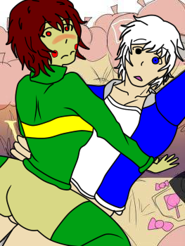 blue_eye blush bottomless brown_hair chara female female_chara_(undertale) getting_caught implied_sex looking_at_viewer looking_surprised male male/female red_eyes sans straight surprised_expression undertale white_hair