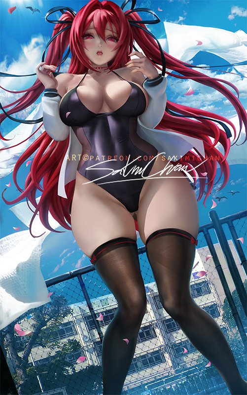 1girls ass_visible_through_thighs breasts cleavage clothing demon_girl female female_only large_breasts leotard long_hair mouth_open naruse_mio partially_clothed pink_eyes red_hair sakimichan shinmai_maou_no_testament solo solo_female swimsuit thighhighs tight_clothing wide_hips