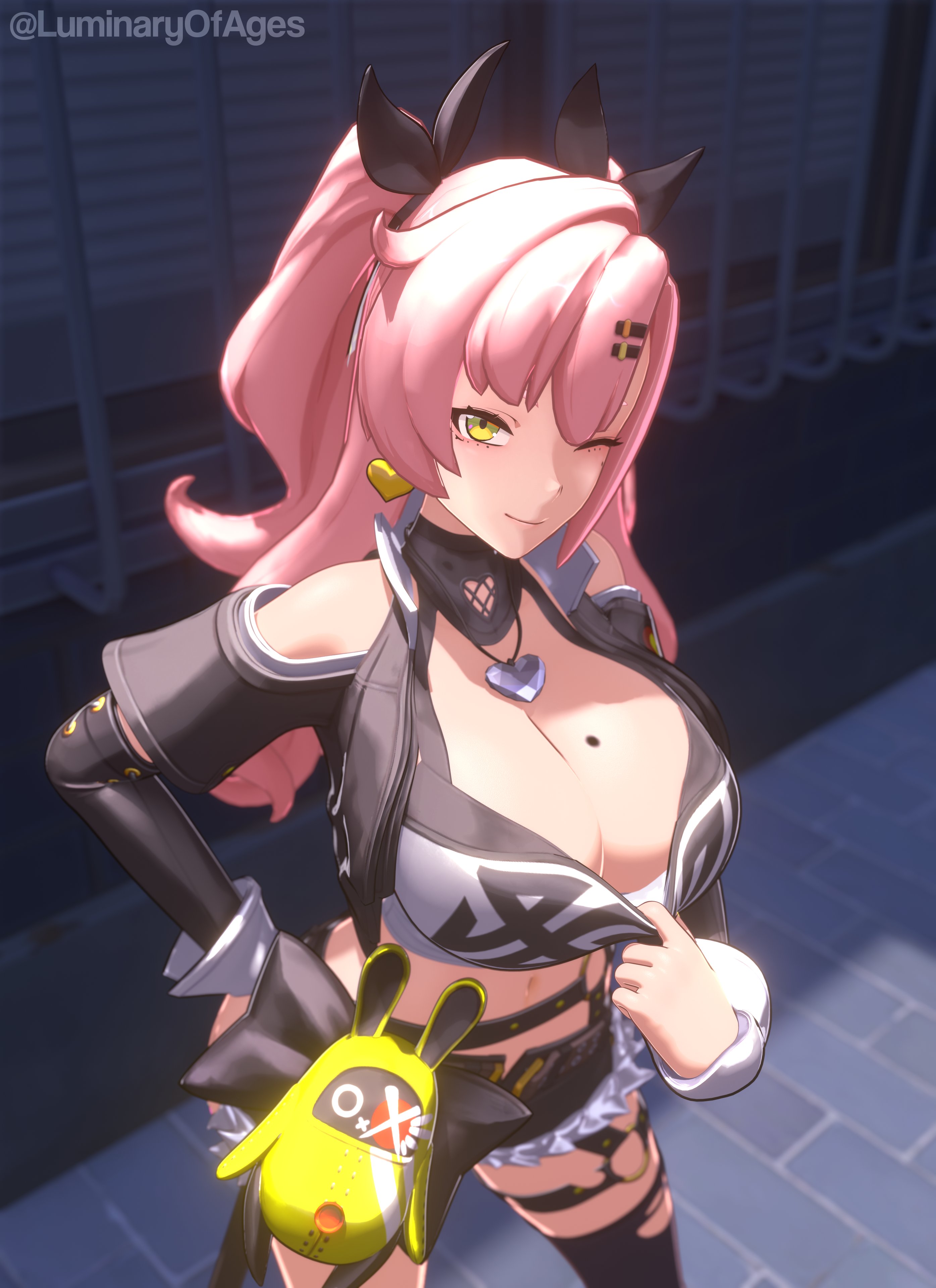 1girls, 3d, 3d (artwork), belt, big breasts, black shorts, bottomwear, breast focus, breasts, cleavage, ear piercing, earrings, female, female only, green eyes, hair, hair ribbon, hairclip, hand on hip, heart earrings, hips, huge breasts, large breasts, long hair, luminaryofages, mihoyo, mmd, mole, mole on breast, mole under eye, necklace, neckwear, nicole demara, one eye closed, pink hair, presenting, presenting breasts, ribbon, short shorts, shorts, solo, solo female, thigh strap, thighhighs, thighs, topwear, tubetop, twintails, wink, zenless zone zero