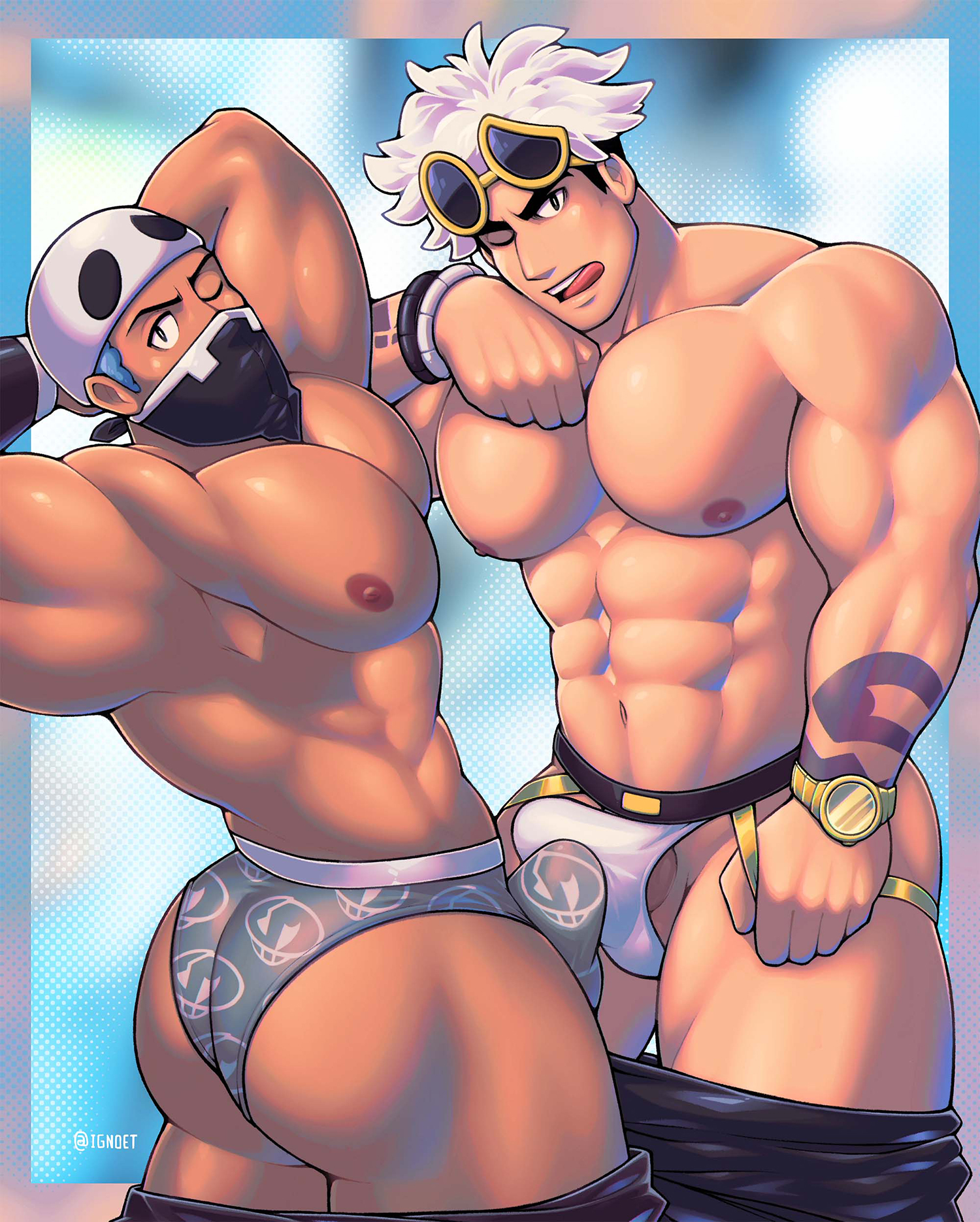 2025, 2boys, abs, armpits, arms behind head, ass, bandana, belly button, big muscles, blue hair, bulge, clothing lift, duo, erection, erection under clothes, erection under clothing, gay, guzma (pokemon), hand behind head, hands behind head, human, human only, ignoet, licking, licking lips, licking own lips, looking at viewer, male, male only, male/male, mask, masked, masked male, muscles, muscular, muscular human, muscular male, navel, nipples, one eye closed, pants, pants down, pecs, penis, penis under clothes, pokemon, pokemon sm, self lick, shirt, shirt lift, team skull, team skull grunt, team skull grunt (male), teeth, tongue, tongue out, topless, underwear, white hair, yaoi
