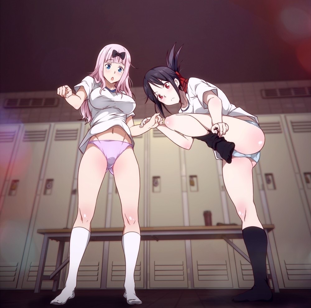 2girls, black hair, breasts, clothed, female, female only, fujiwara chika, gym uniform, human, kaguya-sama wa kokurasetai ~tensai-tachi no renai zunousen~, kneehighs, large breasts, locker room, multiple females, multiple girls, panties, pink hair, pink panties, shinomiya kaguya, socks, thighhighs, tight clothing, underwear, undressing