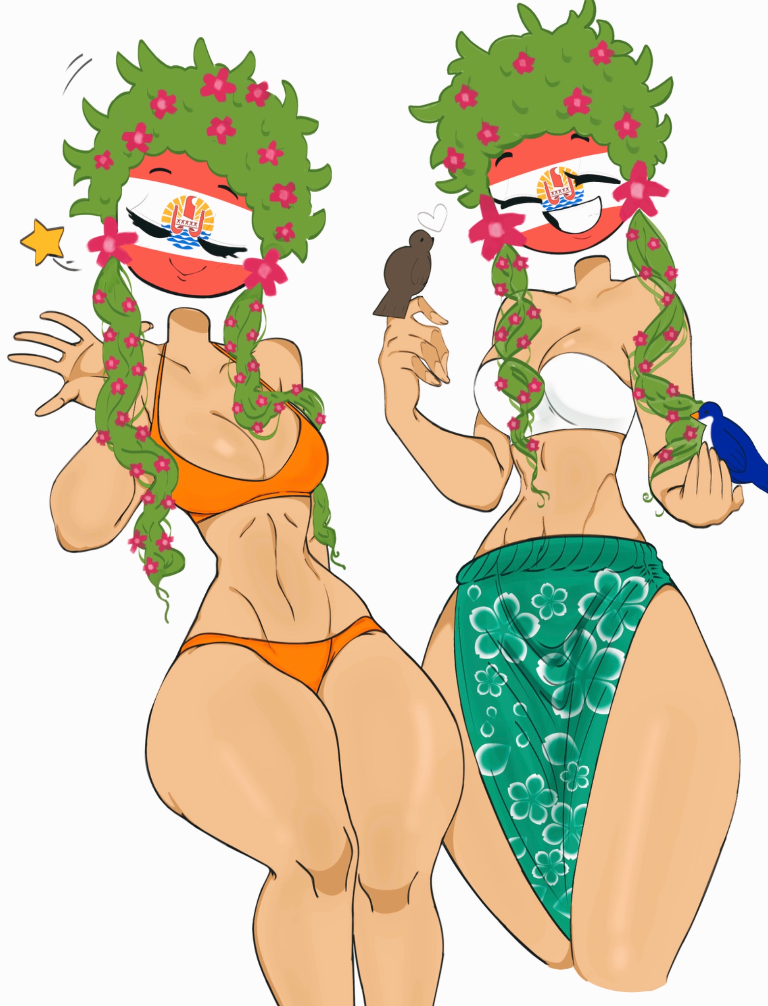 1girls, 2025, bikini, bird, breasts, closed eyes, clothed, clothed female, clothing, countryhumans, countryhumans girl, female, female only, flawsy, french polynesia (countryhumans), happy, happy female, heart, light skin, light-skinned female, medium breasts, polynesian, smiling, star, tagme, thick thighs, white background