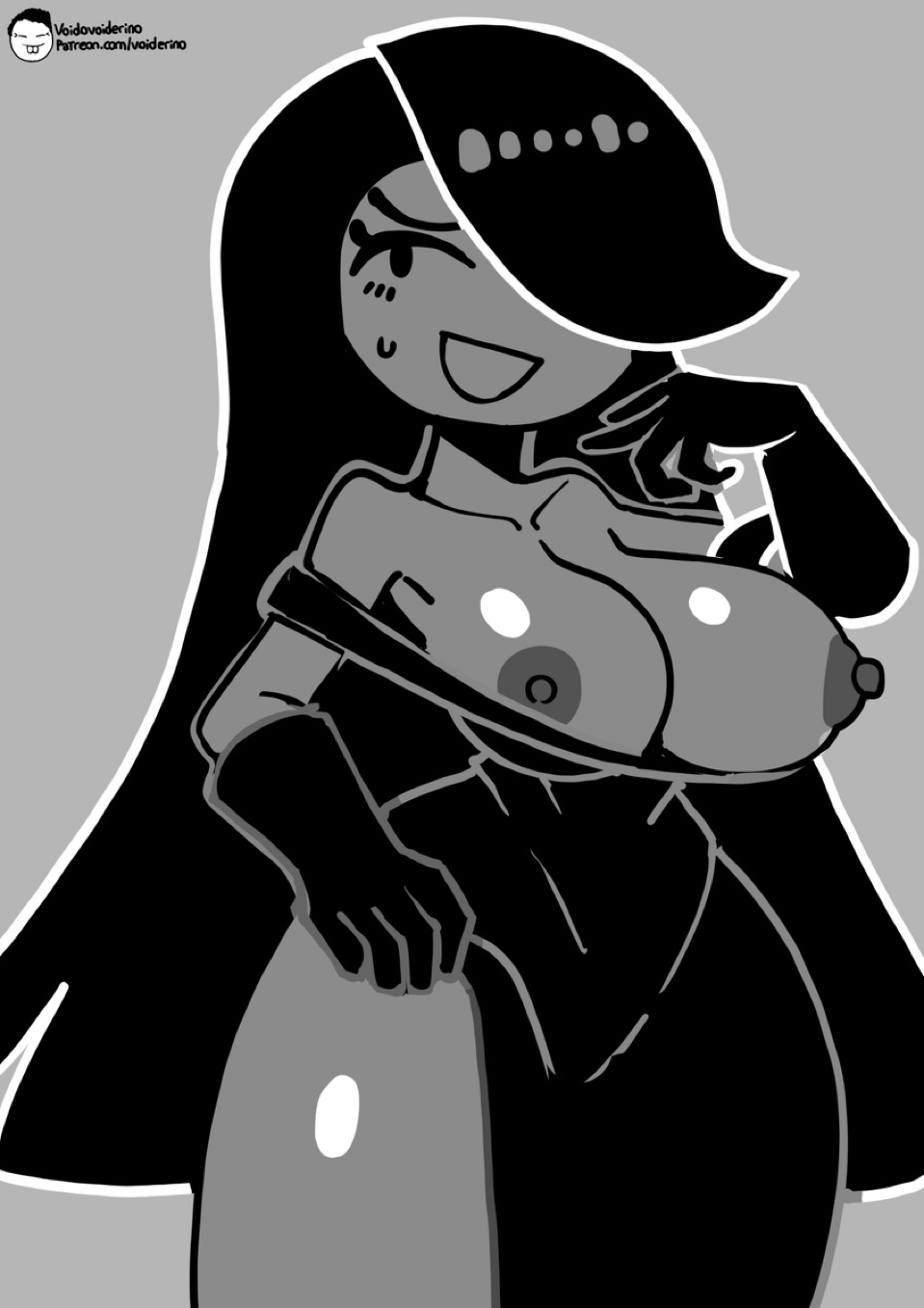 big breasts, black dress, black eyes, black gloves, black hair, breasts, breasts out, cream (movailarts), female, female focus, female only, grey background, grey body, grey nipples, grey skin, human, large breasts, nervous, nervous smile, nervous sweat, nipples, no bra, no nose, no sex, shaded, shiny, shiny hair, shiny skin, simple background, simple eyes, simple face, simple shading, solo, solo female, solo focus, sweat, sweatdrop, sweating, sweaty, voider (artist), voiderino