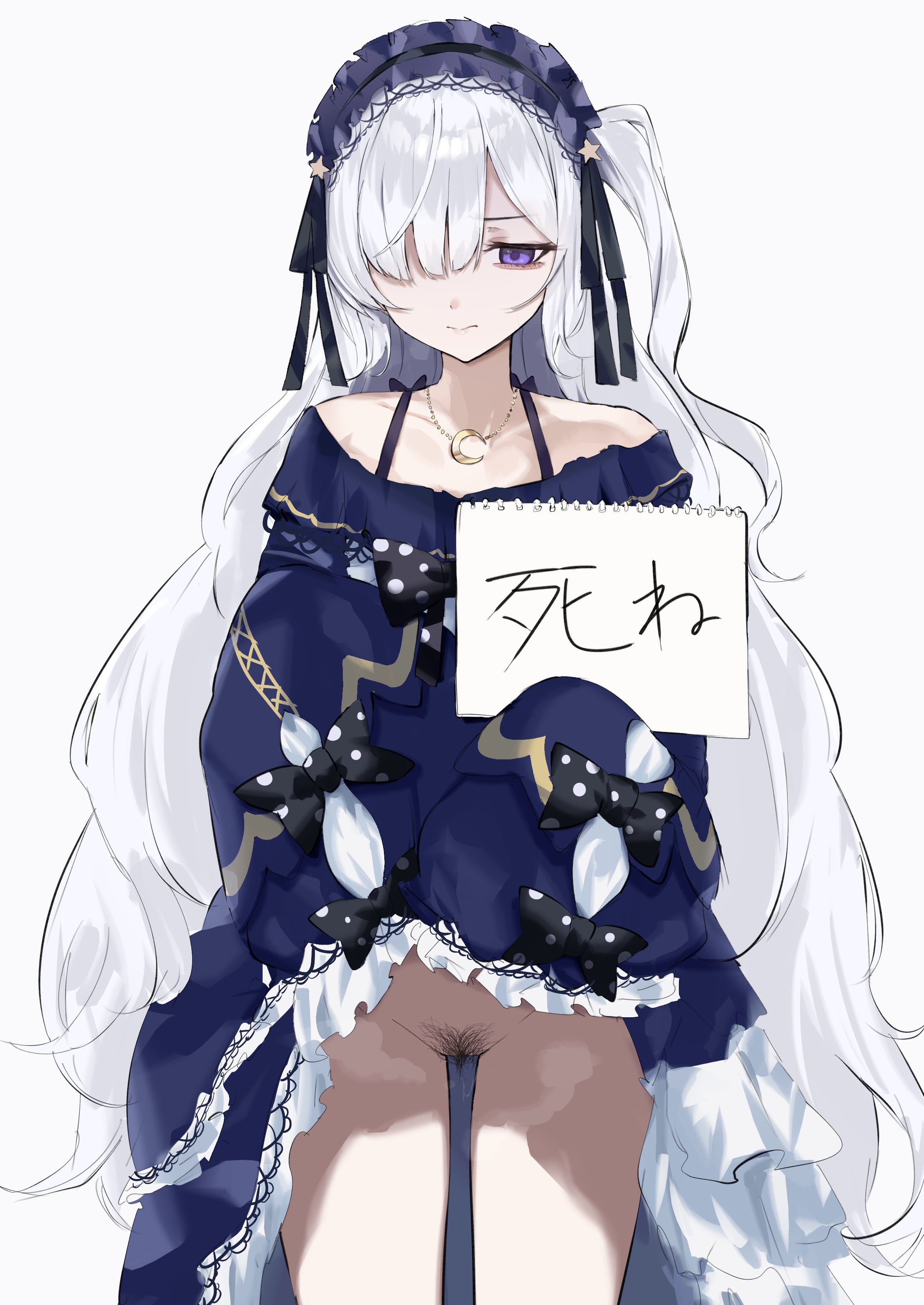1girls, about to cry, bare shoulders, collarbone, crescent moon necklace, dera self, dress, dress lift, exposed pussy, female, female only, female pubic hair, hair over one eye, hair ribbons, hairy pussy, holding notebook, japanese text, lifting dress, light skin, light-skinned female, lolita hairband, long hair, long sleeves, looking down, mahou shoujo no majo saiban, mismatched pubic hair, moon necklace, natsume an-an, necklace, no panties, presenting, presenting pussy, pubic hair, purple eyes, pursed lips, pussy, pussy juice string, sad, side ponytail, solo, standing, steaming pussy, straps, text, thigh gap, thighs, very long hair, white hair