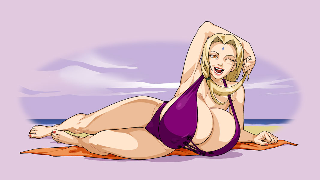 1girls, beach, big breasts, blonde hair, breasts, brown eyes, cleavage, feet, female, female only, forehead jewel, hair, huge breasts, kroke drilo, large breasts, legs, lips, mature, mature female, mature woman, milf, nails, naruto, naruto (series), on side, one eye closed, purple swimsuit, smile, solo, solo female, swimsuit, swimwear, thighs, tsunade