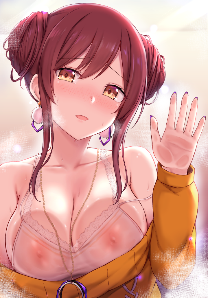 1girls, areolae, big breasts, blush, breasts, cai geng, female, female only, idolmaster, large breasts, looking at viewer, nipples, oosaki amana, solo