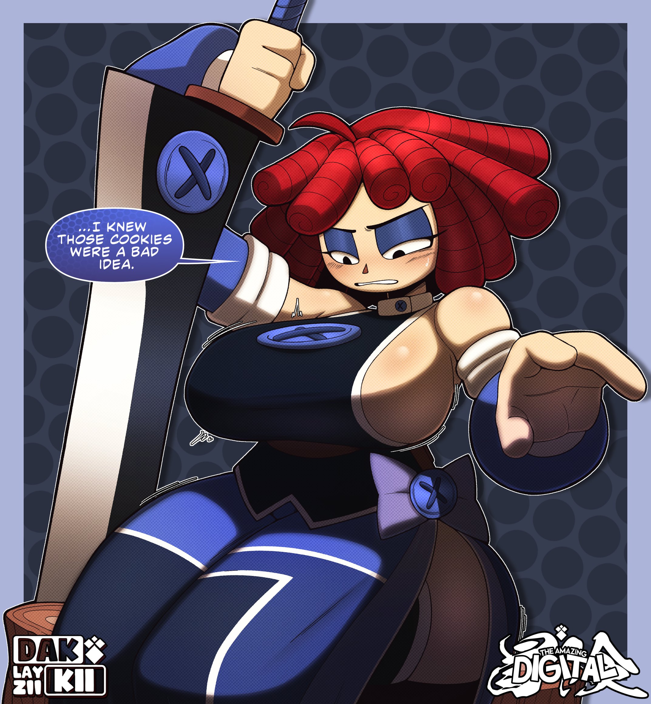 big breasts, blush, breasts, dakkii, female, glitch productions, inconvenient breasts, layziidakkii, ragatha, ragatha (tadc), ragatha (the amazing digital circus), red hair, sitting, solo, sword, the amazing digital circus, thick, thick hips, thick legs, thick thighs, weapon, wide hips, wide thighs