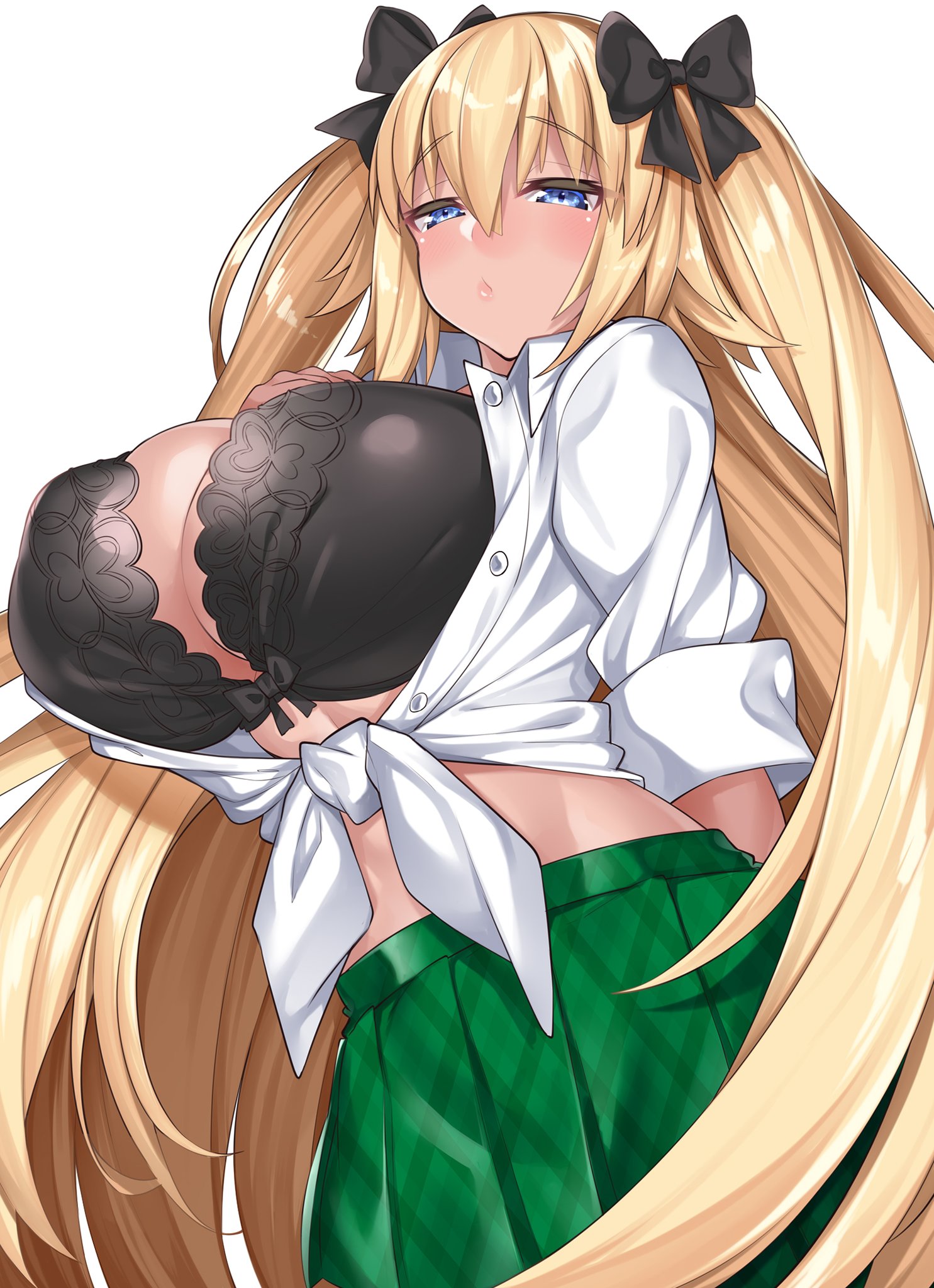 1girls, alternate hairstyle, blonde hair, blue eyes, blush, bra, bra cups sticking out, breasts, breasts bigger than head, fate (series), fate/grand order, female, front-tie top, hairbow, huge breasts, jeanne d'arc (fate), long hair, looking at viewer, school uniform, schoolgirl, skirt, tied shirt, watosu (watosu mama)