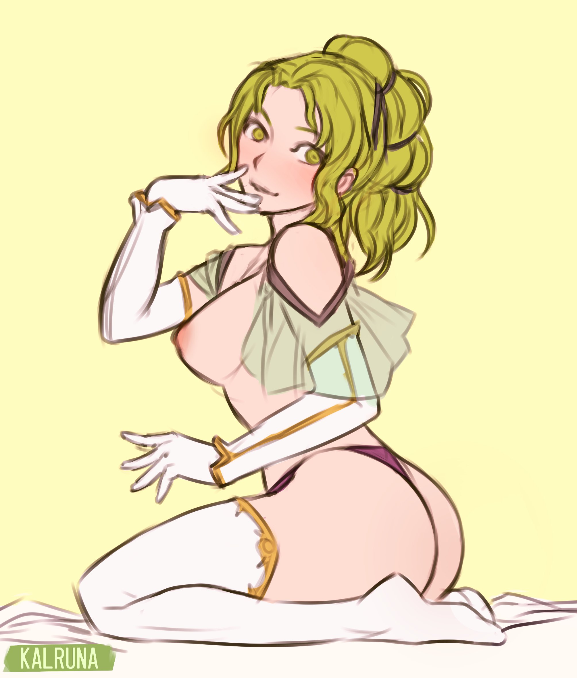 artist name, ass, blonde hair, blush, breasts, female, fire emblem, fire emblem: the sacred stones, gloves, hair ornament, hair ribbon, high resolution, kalruna, kneeling, l'arachel (fire emblem), nintendo, nipples, pantsu, ponytail, ribbon, simple background, sitting, solo, thighhighs, tied hair, underwear, wariza, white legwear, white thighhighs, yellow eyes