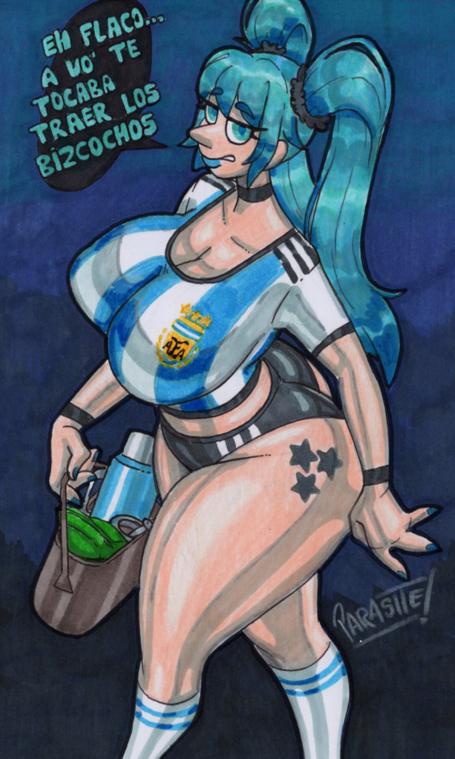 1girl, 1girls, 2025, 4 fingers, abstract background, aqua eyes, aqua hair, aqua nails, argentina, argentinian miku, artist name, artist signature, ass, bag, big ass, big breasts, big butt, big nose, black choker, blue eyes, blue hair, blue lips, blue lipstick, blue tongue, booty shorts, bottle, breasts, bubble ass, bubble butt, busty, child bearing hips, choker, cleavage, curvaceous, curvy, curvy body, curvy female, curvy figure, dialogye, english text, enormous breasts, eyelashes, female, female focus, female only, gigantic breasts, glistening, glistening body, glistening skin, hatsune miku, holding bag, huge ass, huge breasts, huge butt, huge hips, huge thighs, jersey, large ass, large breasts, latin american hatsune miku (meme), latina, latina female, light skin, light-skinned female, long hair, looking at viewer, marker (artwork), massive breasts, parasitedeath, pencil (artwork), pointy nose, purse, round ass, round butt, scrunchie, shirt, signature, soccer uniform, socks, solo, solo focus, spanish text, speech bubble, sportswear, star tattoo, striped shirt, talking to viewer, tattoo, thick ass, thick butt, thick eyebrows, thick thighs, thighs, thunder thighs, traditional media (artwork), twintails, vocaloid, voluptuous, voluptuous female, white socks, wide hipped female, wide hips