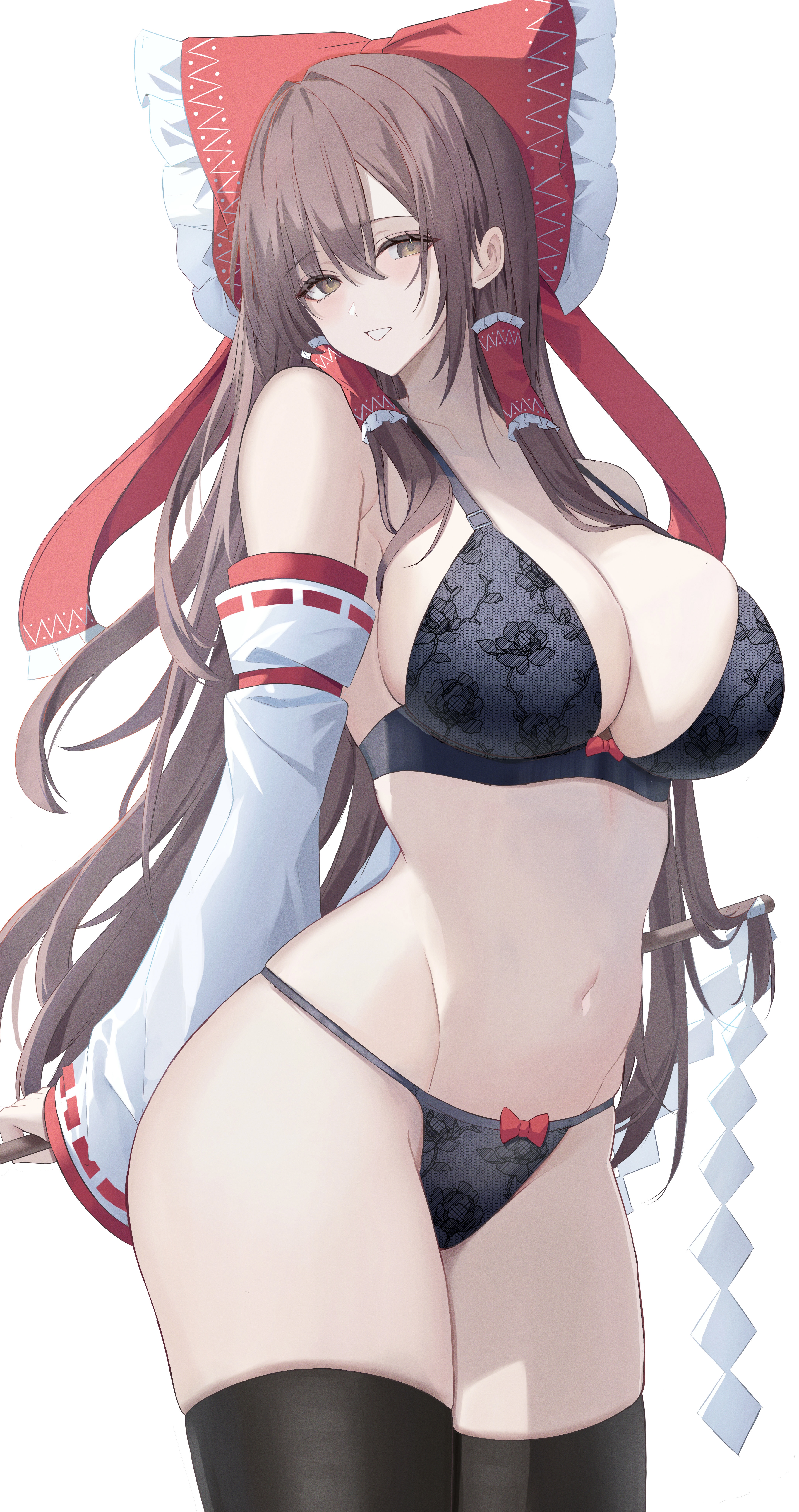 7saki, absurdres, black bra, black panties, black thighhighs, bow, bra, breasts, brown eyes, brown hair, cleavage, commentary request, detached sleeves, female, gohei, hair tubes, hairbow, hakurei reimu, highres, holding, holding gohei, large breasts, long hair, looking at viewer, navel, panties, red bow, reimu hakurei, simple background, solo, thighhighs, touhou, underwear, white background, white sleeves