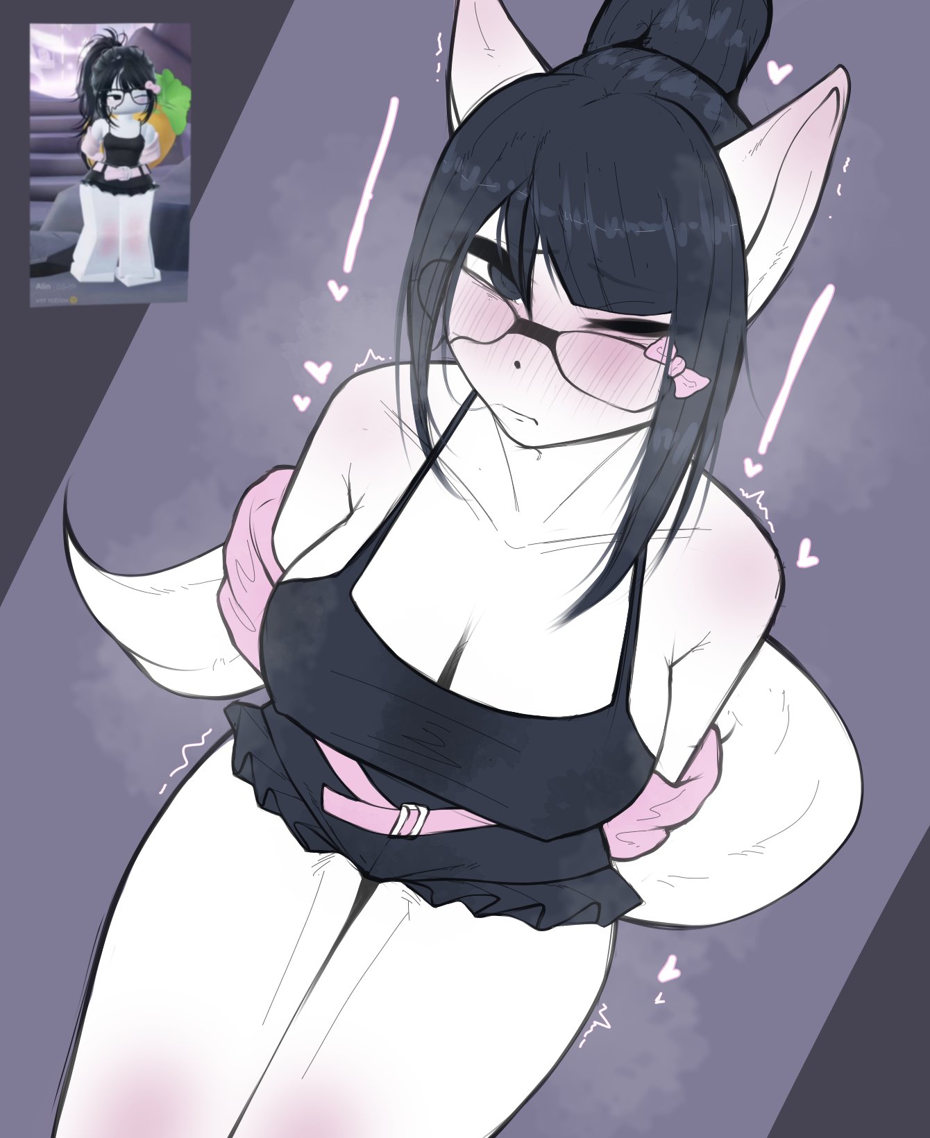 1girls, accessory, alternate species, anthro, bare shoulders, belt, bent over, big breasts, black eyes, black hair, blush, blush lines, bow ribbon, breasts, canid, canine, cleavage, clothed, clothing, digital drawing (artwork), digital media (artwork), dutch angle, eyewear, female, female only, glasses, hair, hair accessory, hair ribbon, hairbow, hands behind back, heart symbol, hi res, long hair, looking at viewer, mammal, mashakseh, musk, musk cloud, nipple bulge, nipple outline, off shoulder, one eye closed, pink bow, ponytail, reference image, ribbons, roblox, roblox avatar, robloxian, shaking, sidelocks, solo, solo female, solo focus, tail, thighs, trembling, wearing glasses, white body