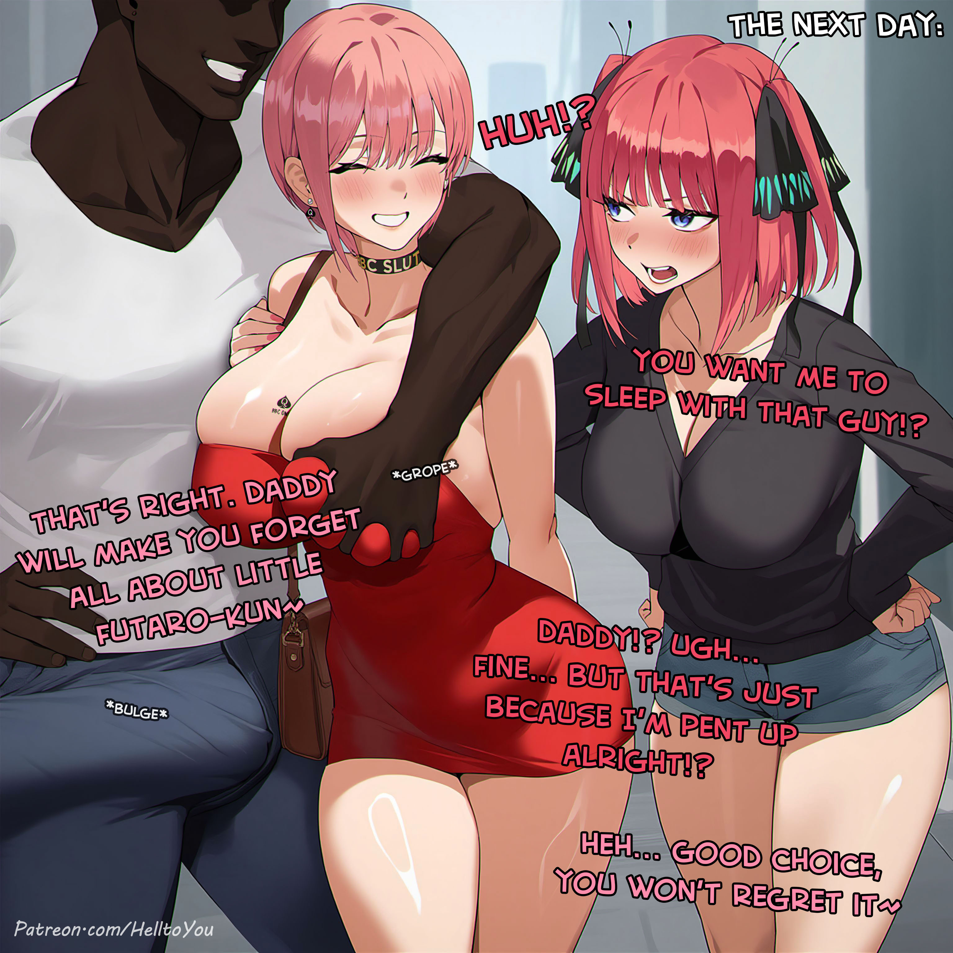 1boy, 2girls, ai generated, breasts, dark-skinned male, english text, female, go-toubun no hanayome, helltoyou, interracial, large breasts, male, nakano ichika, nakano nino, queen of spades, sisters
