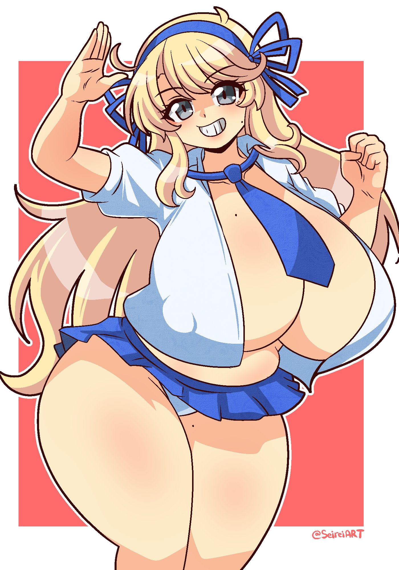 1girls, big breasts, black eyes, blonde hair, blue skirt, blush, breasts, female, female only, hair, hips, huge breasts, katsuragi (senran kagura), light skin, light-skinned female, long hair, miniskirt, mole, mole on breast, mole on thigh, mole under eye, necktie, necktie between breasts, neckwear, open shirt, panties, seireiart, senran kagura, shirt, short skirt, skirt, solo, solo female, thick thighs, thighs, white panties, white shirt, wide hips