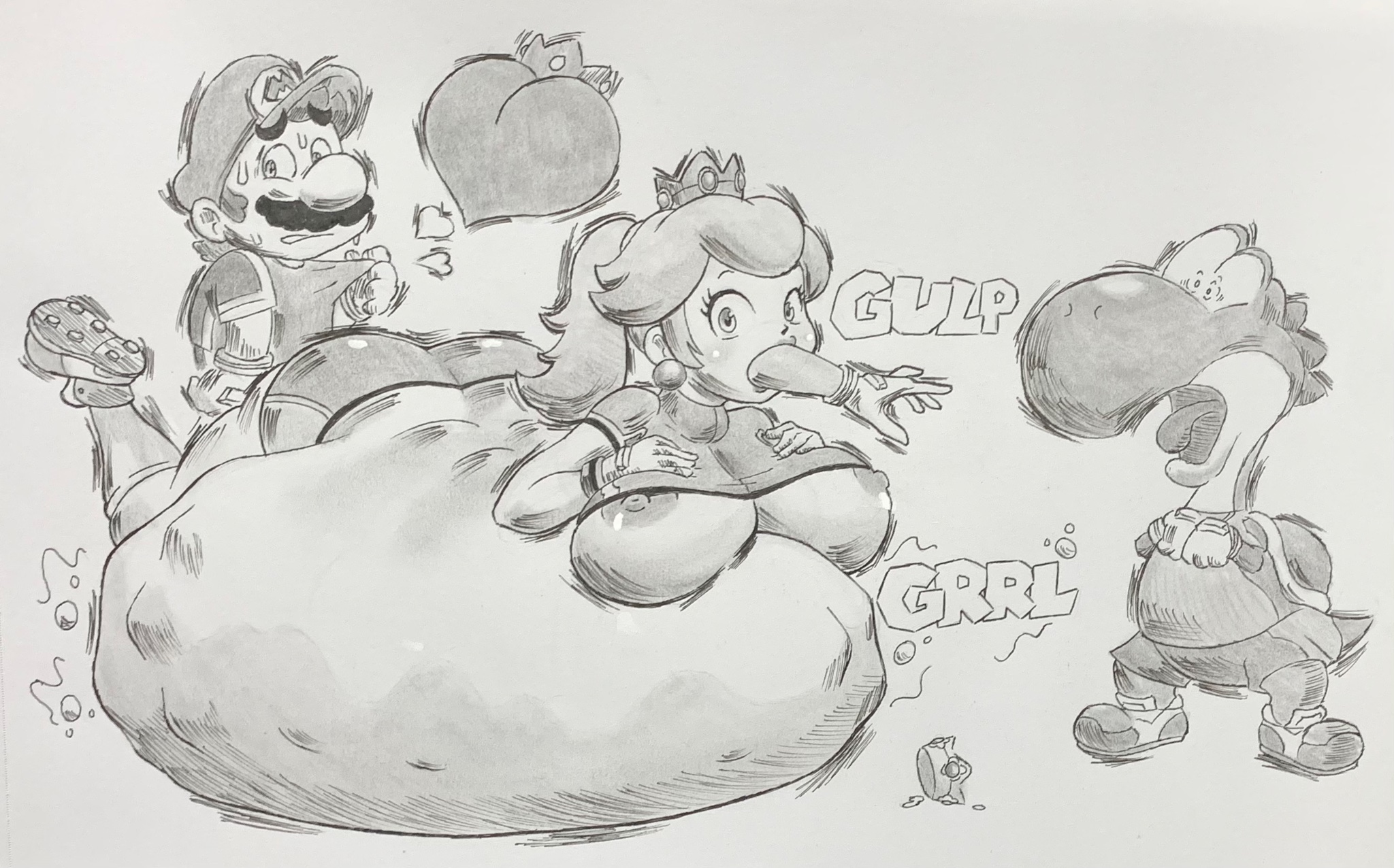 big belly, female, hyper, hyper belly, mario, mario (series), mario strikers, princess daisy, princess peach, same size vore, soft vore, struggling, struggling to fit, swallowed whole, swallowing, unwilling prey, vore, vore belly, yoshi