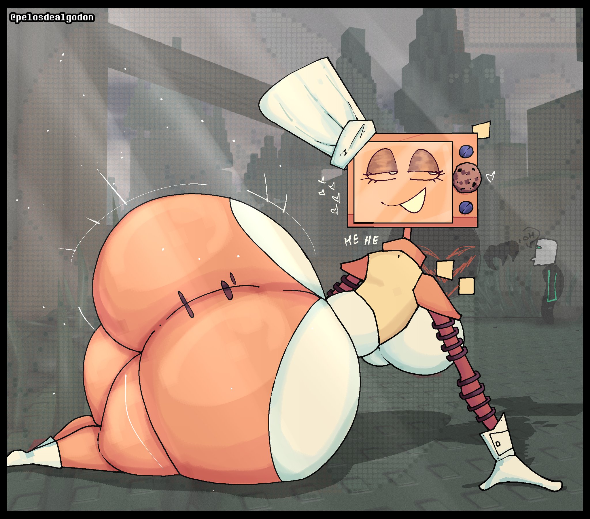 2boys, 2boys1girl, ass, background character, background characters, badware (die of death), big ass, big butt, black body, blocky anatomy, blocky body, chef hat, comedy, computer head, cookies, cookieware (die of death), die of death, die of death (roblox), evil scary (die of death), fat ass, fat butt, female, half-closed eyes, half-lidded eyes, huge ass, huge butt, humor, male, oven, oven head, pelosdealgodon, plate, platter, pursuer (die of death), red face, roblox, roblox game, robot, robot girl, screen face, smug, smug expression, smug eyes, smug face, solo focus, thepinkthing, thick thighs, thunder thighs, thunderthighs, toque, toque blanche, waddling head, wire, wires