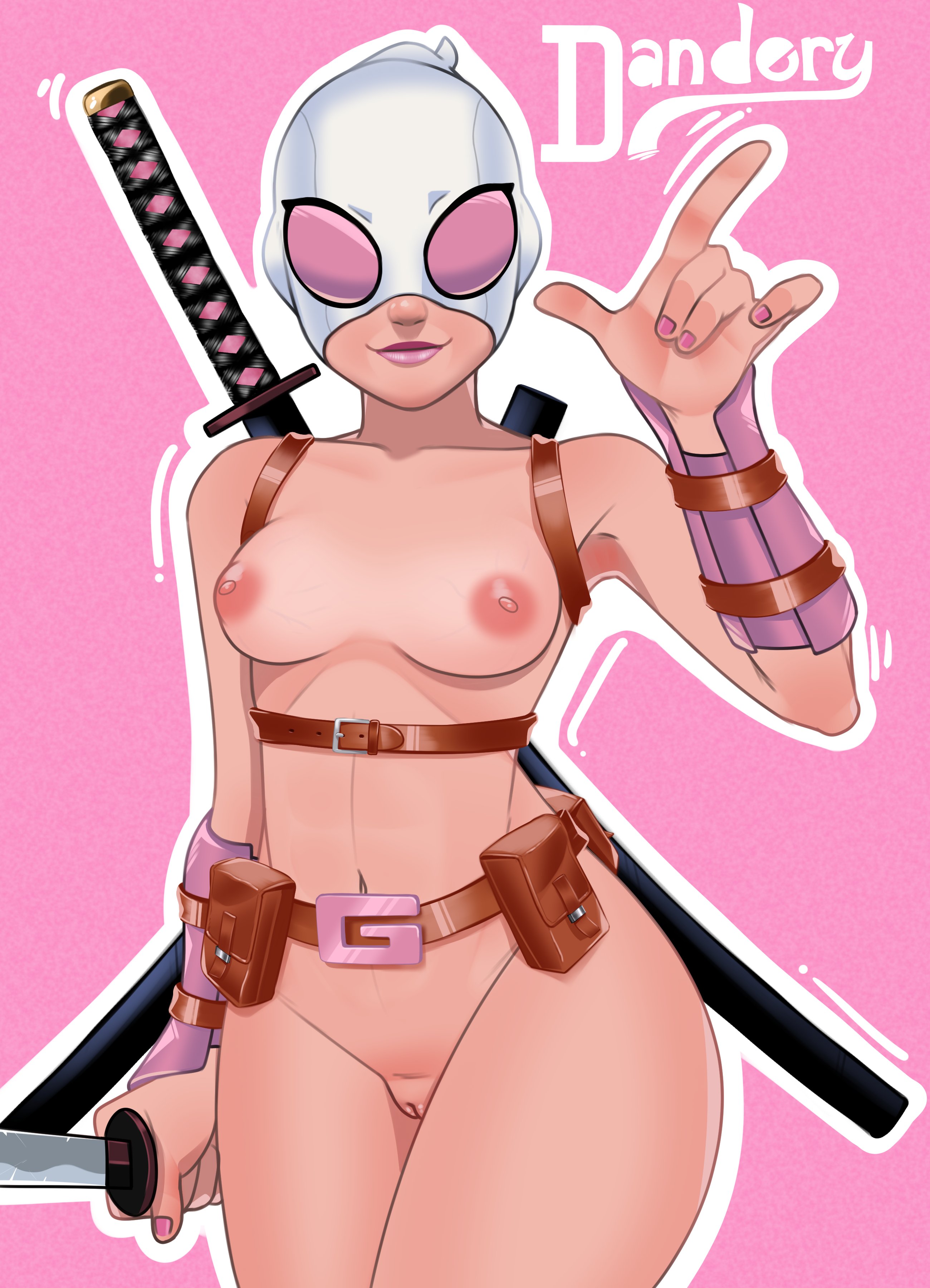 1girls, 2d, alternate version available, artist signature, belt, casual, dandery, facewear, female, female only, functionally nude, functionally nude female, gwenpool, gwenpool (series), headwear, hi res, highres, human, light skin, light-skinned female, marvel, marvel comics, mask, masked, masked female, nonsexual, nonsexual nudity, nude, nude female, pale skin, pinup, solo, solo female, solo focus, tactical nudity, tagme, weapon