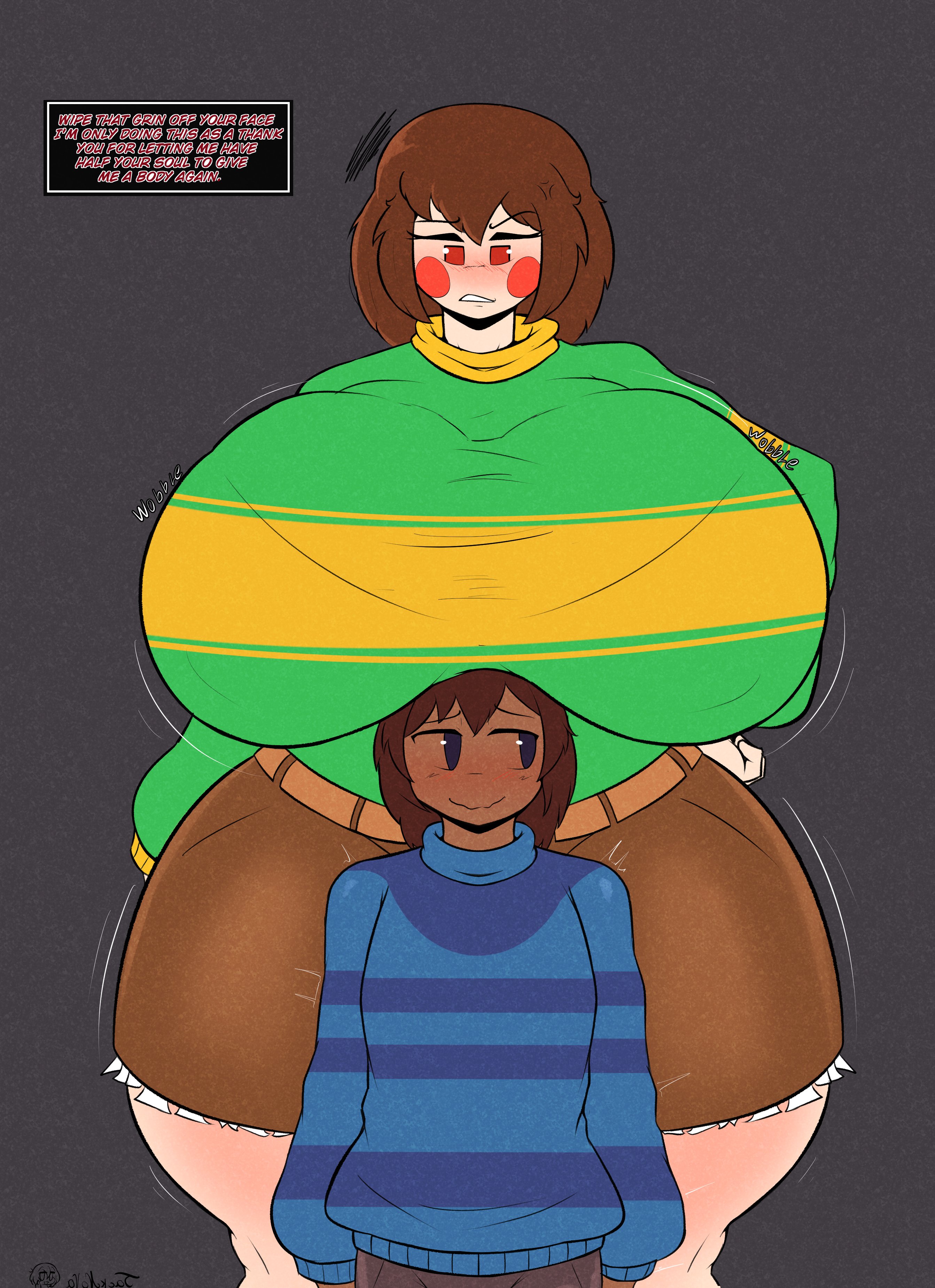 1girls, big breasts, blush, bralines, breasts, breasts bigger than head, breasts on head, chara, clothed, clothed female, clothing, dialogue, female, female chara, frisk, huge breasts, jacknova093, shorts, size difference, striped sweater, sweater, text, thick thighs, thighs, tight clothing, undertale, undertale (series), watermark, wobble, wobbling breasts