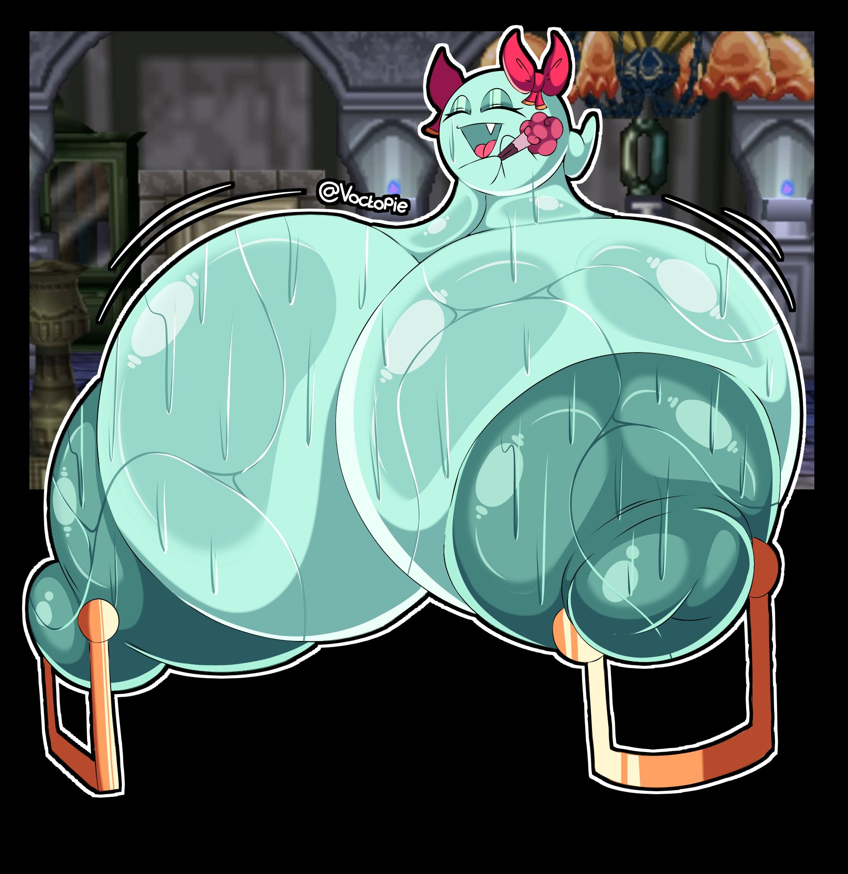 ball with boobs, ball with hyper features, big breasts, boo (mario), breasts, closed eyes smile, female, ghost, ghost girl, giant breasts, huge breasts, hyper, hyper breasts, lady bow, large breasts, mario (series), nintendo, nipple piercing, paper mario, pircing, super mario bros., sweat, sweating, sweaty, voctopie