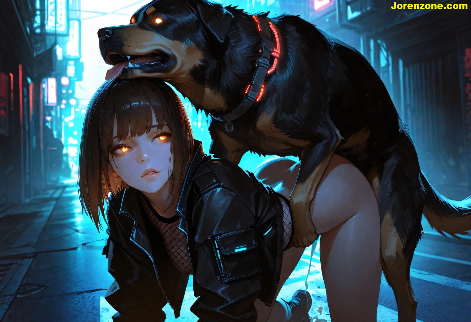 ai generated, all fours, bestiality, canid, canine, canine on human, canis, cyberpunk 2077, doggy style, domestic dog, female, feral, glowing eyes, jorenzone, male, outside, outside sex, sex, zoophilia