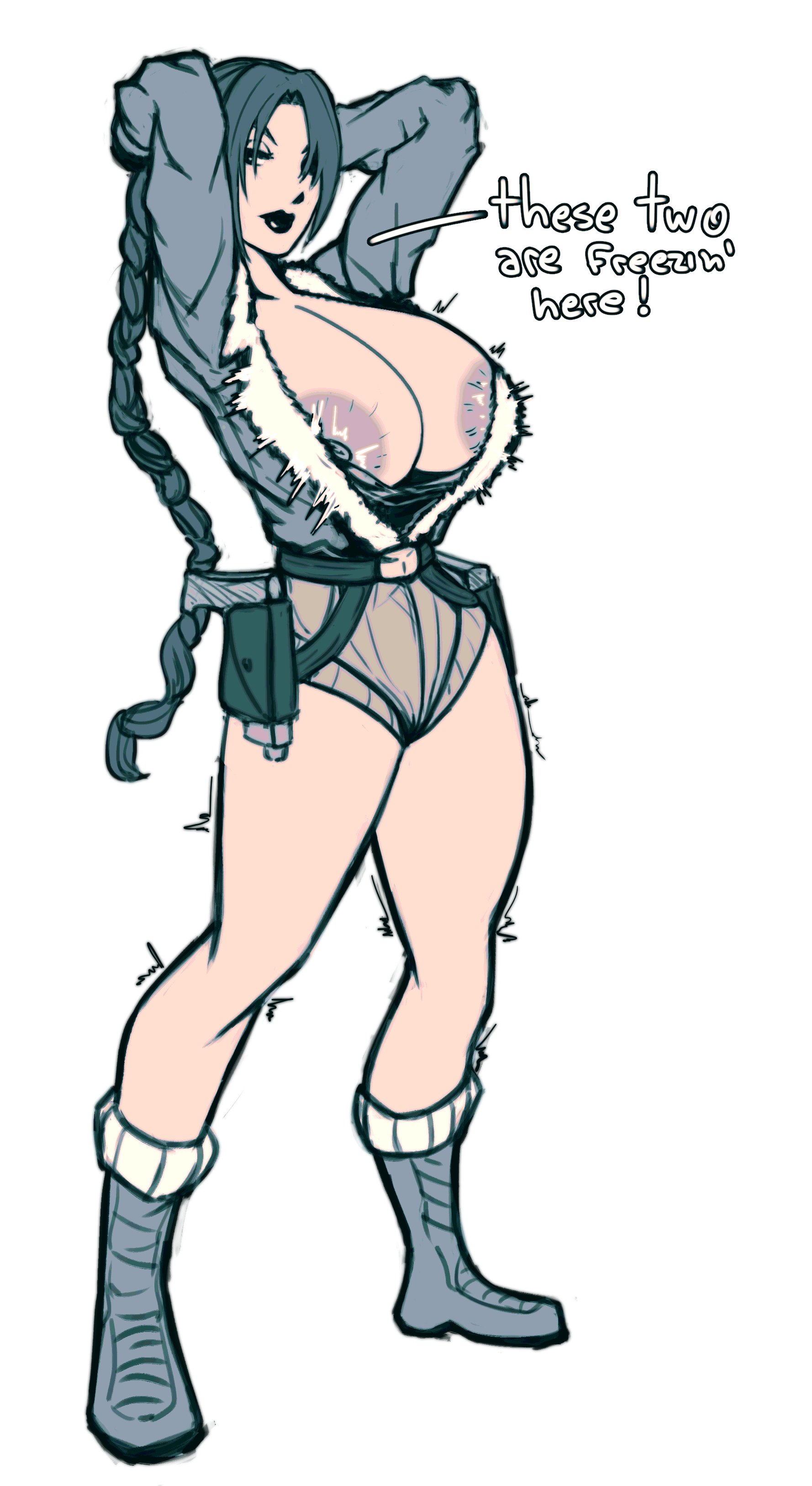 2d, areola slip, areolae, arms up, big breasts, boots, braid, breasts, busty, cleavage, english text, female, female focus, female only, full body, hands behind head, hourglass figure, lara croft, lara croft (classic), large breasts, long hair, monochrome, short shorts, solidusgrilo, tagme, text, tomb raider, tomb raider (classic), wide hips