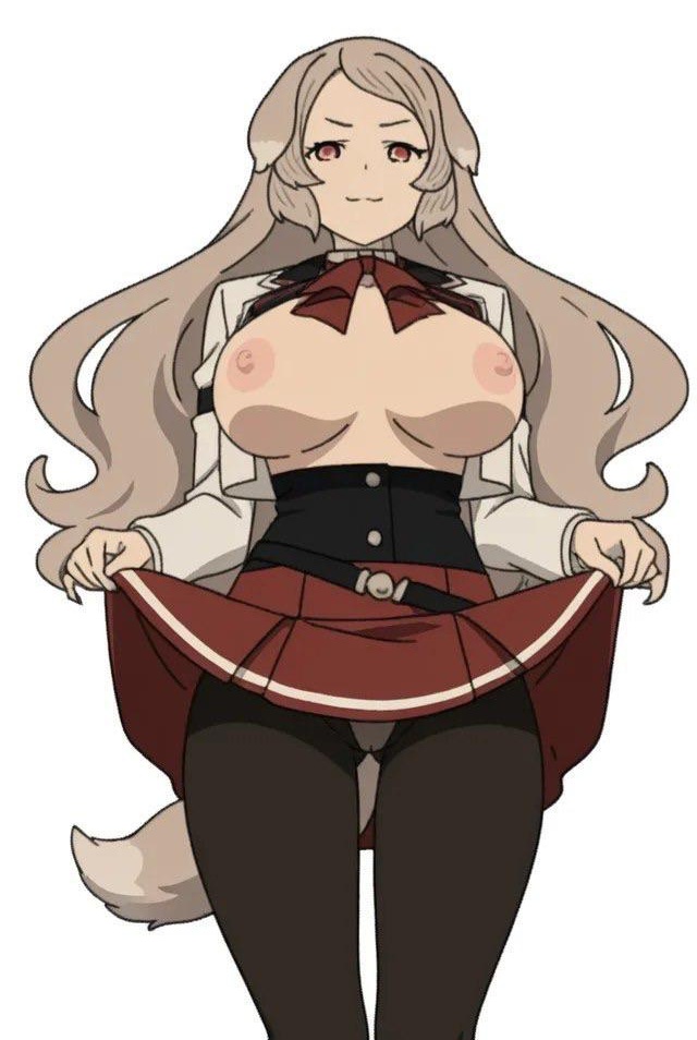big breasts, brown eyes, brown hair, dog ears, dog girl, exposed breasts, large breasts, lifting skirt, long hair, mushoku tensei, mushoku tensei: isekai ittara honki dasu, panties, pantyhose, pursena adoldia, school uniform, smug, smug face