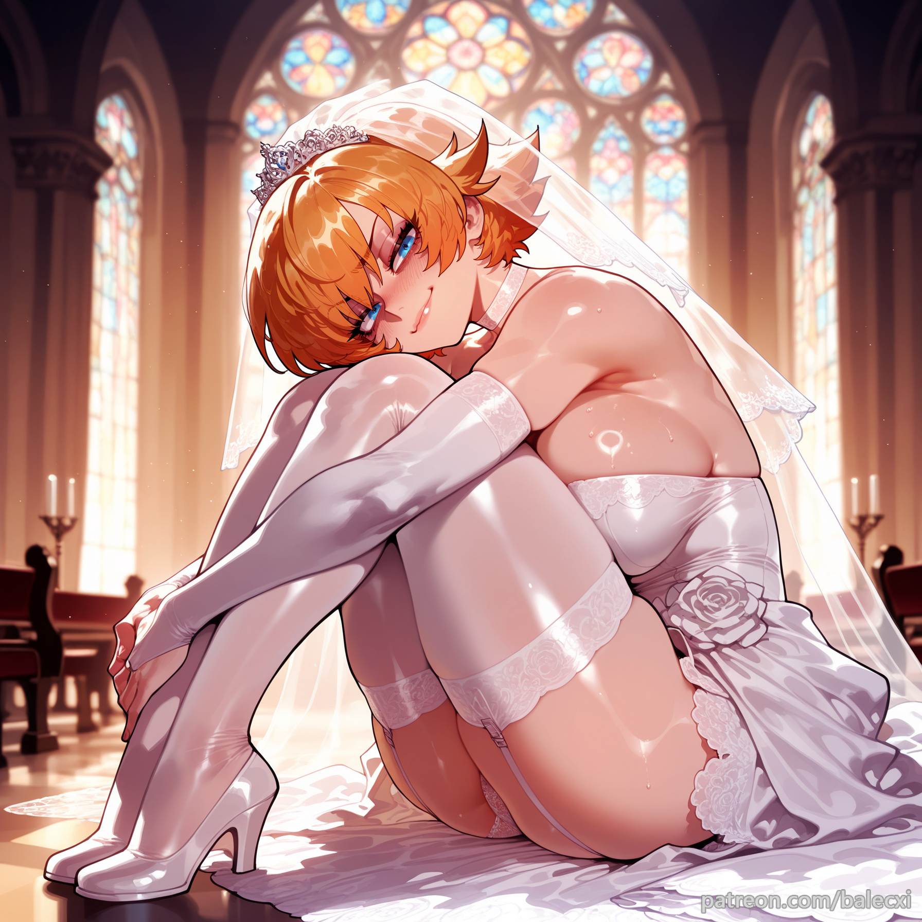 ai generated, balecxi, bare shoulders, blue eyes, breasts, bridal gauntlets, bridal veil, candle, female, garter straps, high heels, hugging own legs, igawa sakura, indoors, large breasts, lilith-soft, looking at viewer, orange hair, short hair, sitting, smile, solo, taimanin (series), taimanin asagi1girl, taimanin rpgx, thighs, tiara, underwear, wedding dress, white choker, white dress, white footwear, white panties, white thighhighs