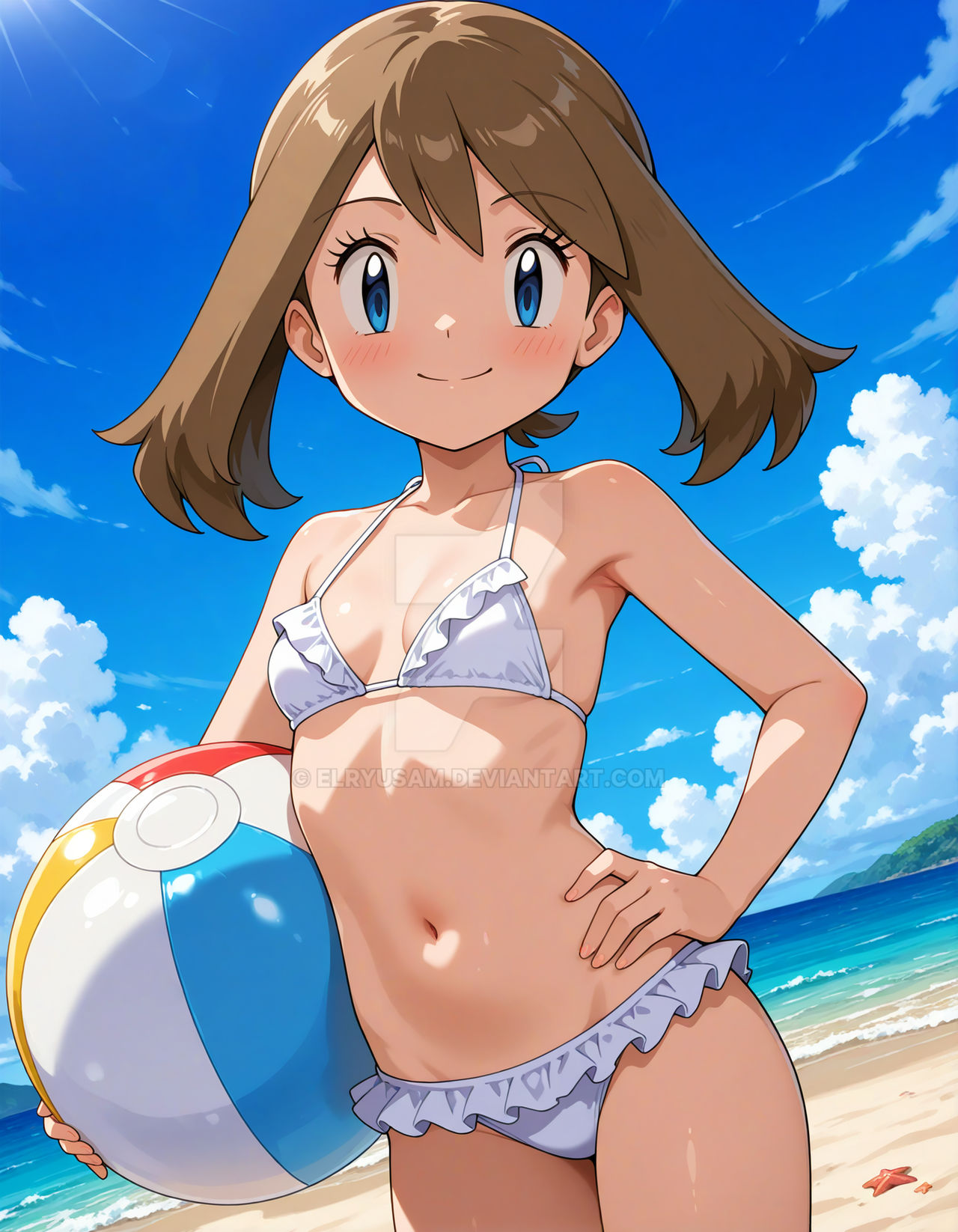 2025, 4kids entertainment, ai generated, anime, beach background, belly, deviantart, elryusam, female, female only, hand on hip, holding beachball, looking at viewer, may (pokemon), nintendo, pokemon, smile at viewer, smiling at viewer, tummy, white bikini