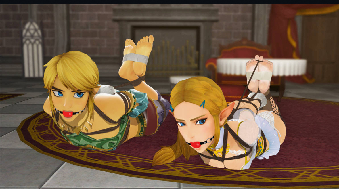 1boy1girl, 1girls, 3d, ball gag, blonde hair, bondage, bondage outfit, both genders, both sexes in same situation, bound, bound arms, bound wrists, breath of the wild, eyeliner, feet, female, femboy, feminine male, feminization, femsub, gag, gagged, helpless, helpless female, hogtie, hogtied, link, link (breath of the wild), male, male and female subs, malesub, princess zelda, slave, slave girl, submissive, submissive female, submissive male, the legend of zelda, tied toes, toes tied, zelda (breath of the wild)