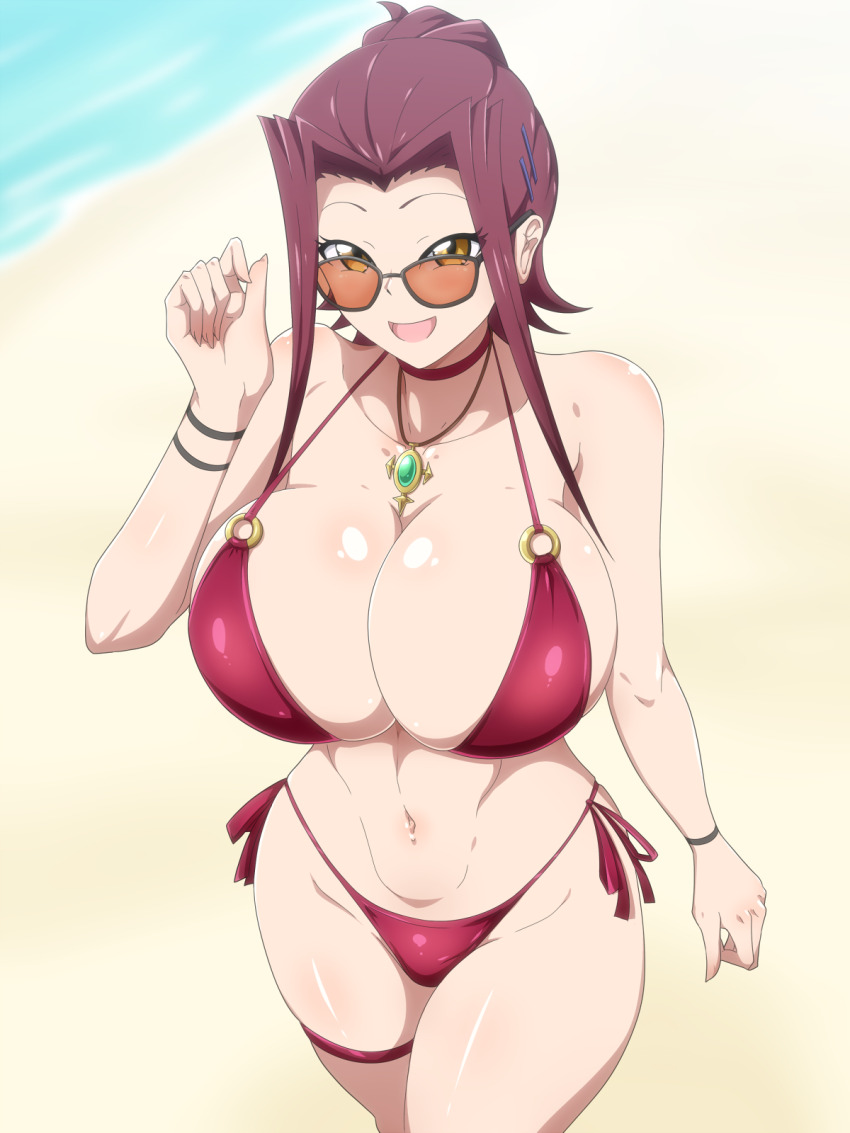 akiza izinski, alternate costume, alternate hairstyle, bare shoulders, beach, bikini, bracelet, breasts, choker, collarbone, danpu, female, female focus, hair bun, hair ornament, hairclip, highres, izayoi aki, jewelry, large breasts, legs together, looking at viewer, looking over eyewear, looking over sunglasses, medium hair, navel, necklace, ocean, open mouth, red bikini, red hair, sand, shiny skin, solo, solo focus, standing, string bikini, sunglasses, swimsuit, thigh strap, thighs, tinted eyewear, water, yellow eyes, yu-gi-oh!, yu-gi-oh! 5d's