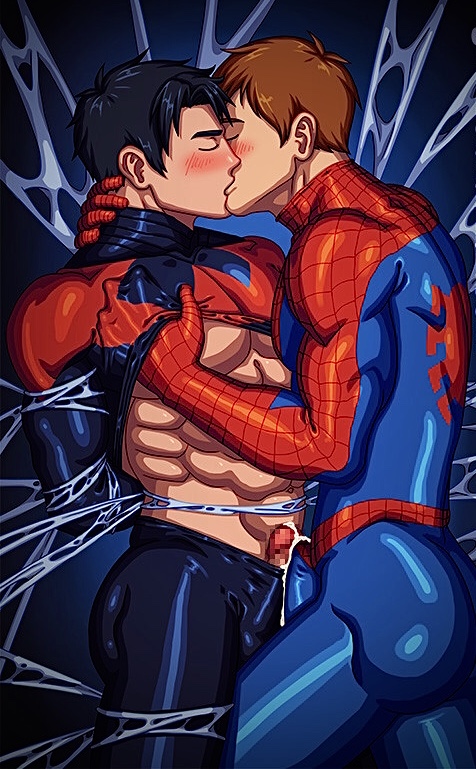 abs, arms behind back, ass, batman (series), biceps, blush, bodysuit, bondage, bound arms, bound legs, bubble ass, bubble butt, bulge, cum, dc, dc comics, dick grayson, dominated, domination, gay, hand behind head, hand on body, hand under clothes, kissing, male, male only, malesub, marvel, marvel comics, muscular, muscular male, nightwing, passionate, penis, peter parker, restrained, spandex, spider-man, spider-man (series), straight hair, superhero costume, teen titans, tight clothing, tight-web, yaoi