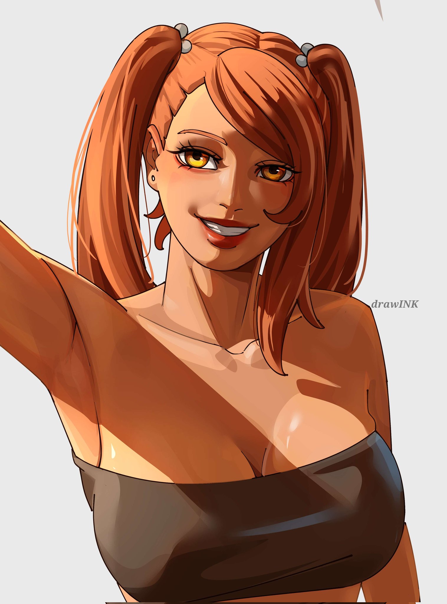 1girls, 2d, 2d (artwork), akimichi chouchou, akimichi chouchou (post-butterflymode), alternate version available, amber eyes, arm up, armpit, artist name, artist watermark, blush, boruto: two blue vortex, breasts, cleavage, clothed, clothed female, dark skin, dark-skinned female, drawink, ear piercing, eyelashes, eyeliner, eyeshadow, female, female focus, female only, lipstick, long hair, looking at viewer, naruto, naruto (series), orange hair, pretty, simple background, smile, smiling, smiling at viewer, solo, solo female, solo only, tagme, teenage female, teenager, top half, topwear, twintails