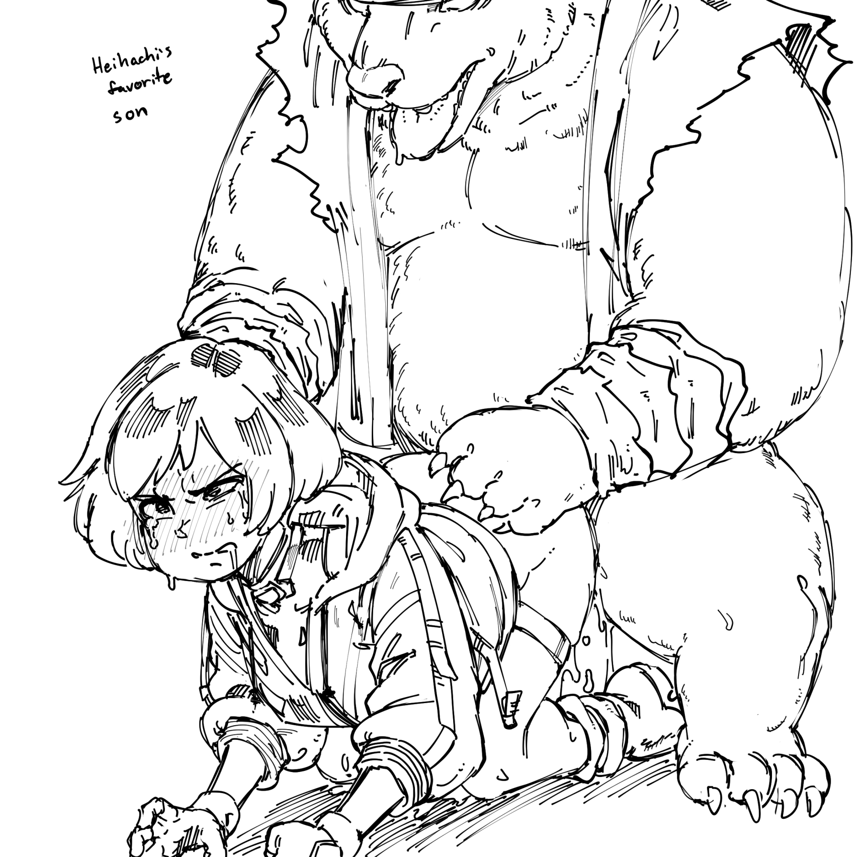 1boy, 1boy1girl, 1girls, bear, blush, clothed sex, doggy style, duo, female, full-face blush, interspecies, kuma (tekken), male, monochrome, noahdoesart, reina mishima, sex, sex from behind, short hair, straight, tekken, tekken 8, tomboy, zoophilia