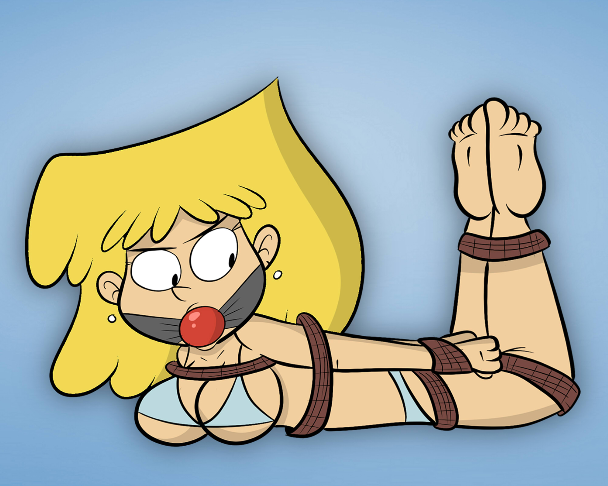 1girls, ball gag, barefoot, blonde hair, bondage, bra, breasts, cleavage, feet, female, female only, gag, gagged, lori loud, lying, on stomach, panties, restrained, rope, rope bondage, scobionicle99, soles, straight hair, the loud house, toes, underwear, underwear only