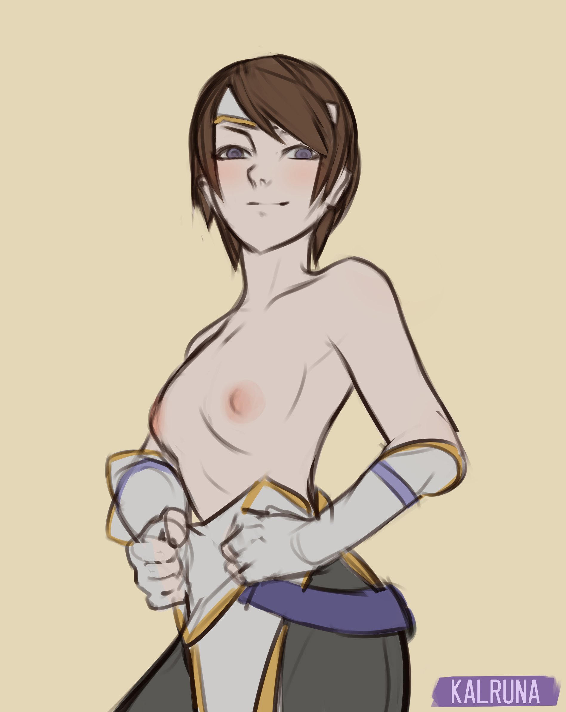 1girls, artist name, blush, breasts, brown hair, female, fire emblem, fire emblem: path of radiance, fire emblem: radiant dawn, gloves, headband, high resolution, kalruna, nintendo, nipples, simple background, small breasts, solo, tanith (fire emblem), undressing, white gloves, white headband