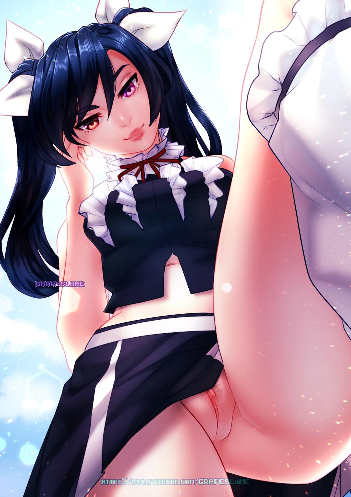 1girls, black hair, brown eyes, clothing, exposed pussy, female, grapesliime, heterochromia, neo (rwby), no panties, pink eyes, pussy, rwby, twintails, upskirt