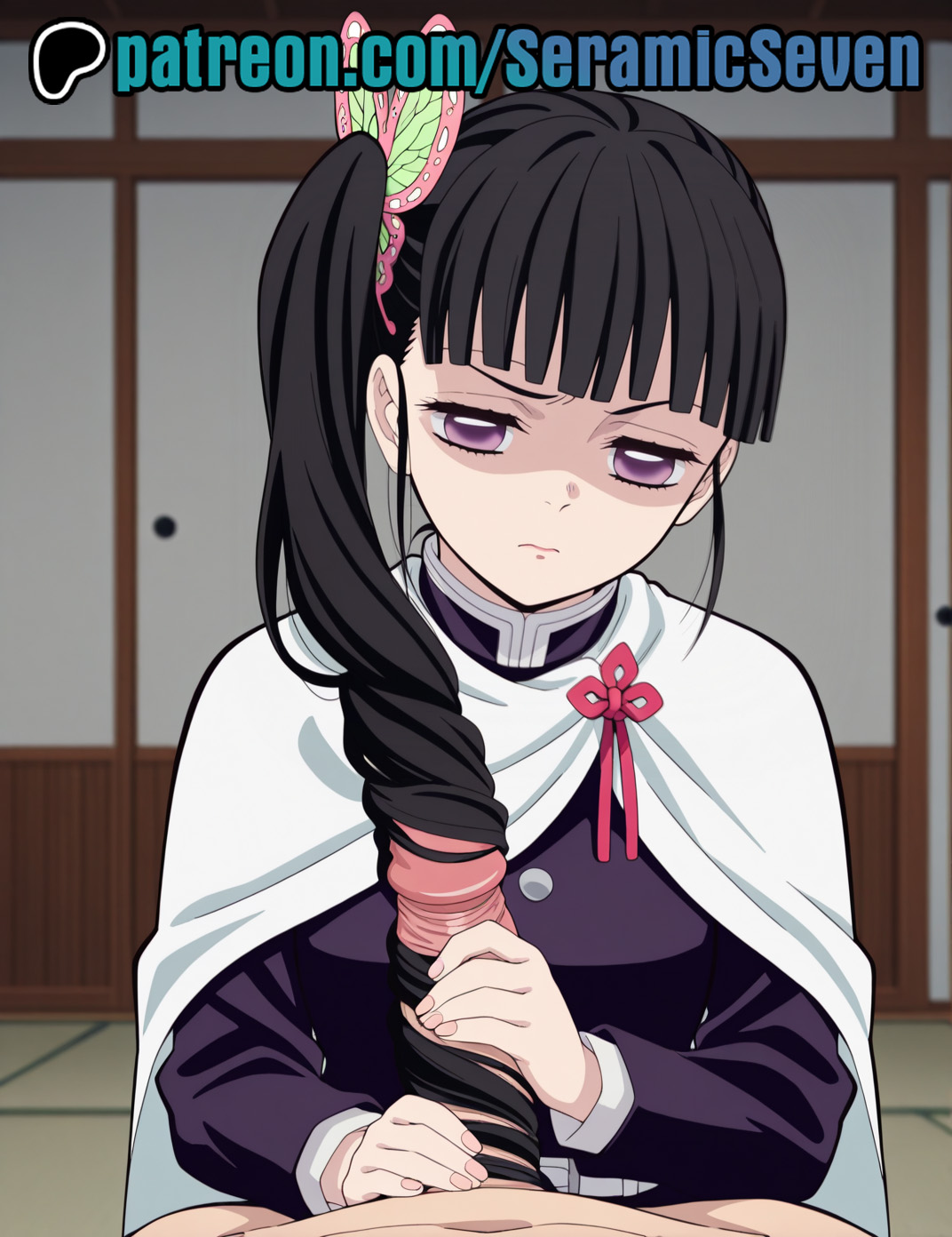 1boy, 1boy1girls, 1girls, 2025, 2d, ai, ai generated, anime, anime style, annoyed, butterfly hair ornament, closed mouth, clothed, clothed female, clothed female nude male, dark hair, demon slayer, disgusted, female, female focus, hair around penis, hair wrapped around cock, hairjob, half-closed eyes, handjob, high quality, high resolution, highres, kimetsu no yaiba, light skin, light-skinned female, light-skinned male, looking at viewer, male, male pov, male/female, penis, ponytail, pov, pov male, purple eyes, raised eyebrow, seramic seven, short hair, tsuyuri kanao, uncensored, uncensored penis
